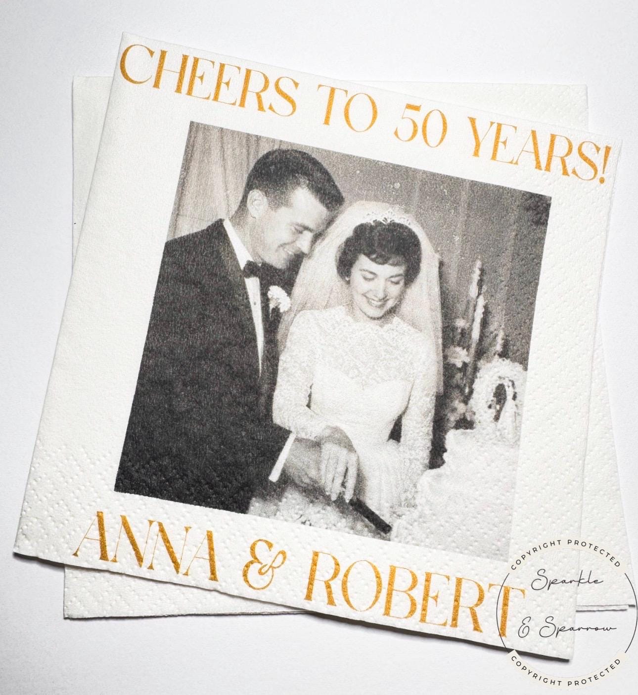 50th Anniversary Cheers to 50 Years Wedding Anniversary Picture Personalized Party Cocktail, Luncheon or Dinner Napkins Set of 25