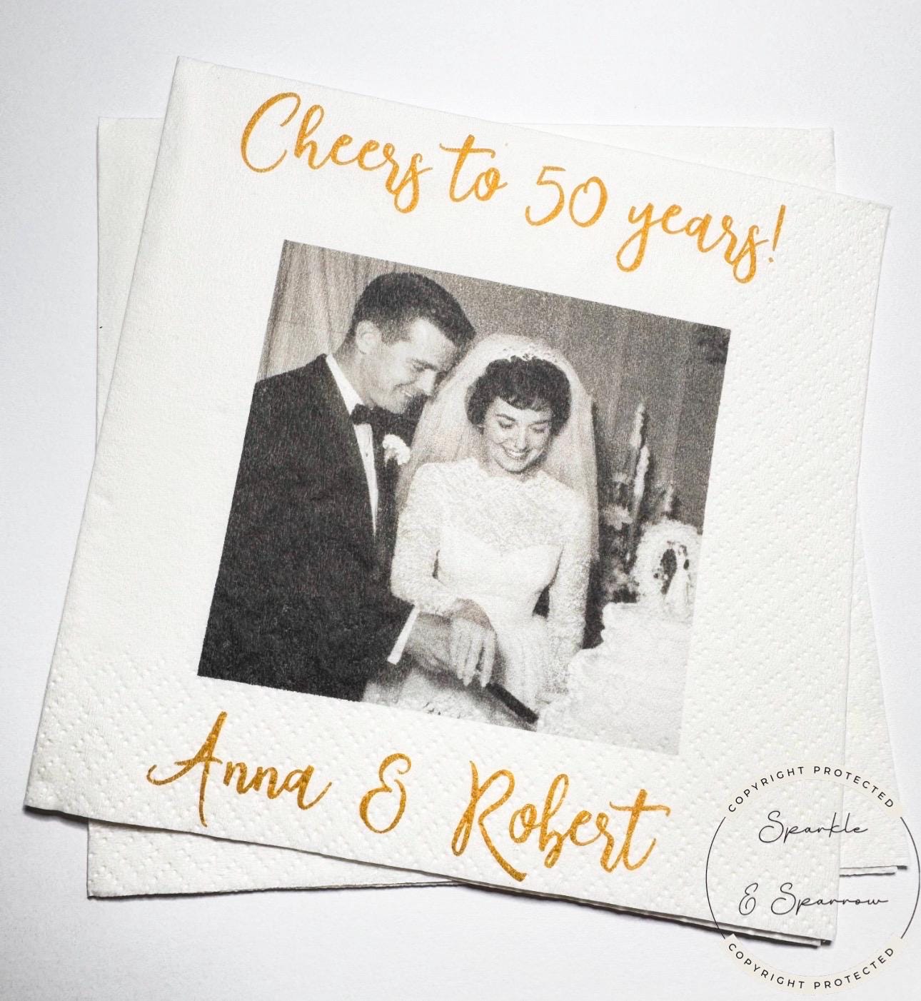 50th Anniversary Cheers to 50 Years Wedding Anniversary Picture Personalized Party Cocktail, Luncheon or Dinner Napkins Set of 25