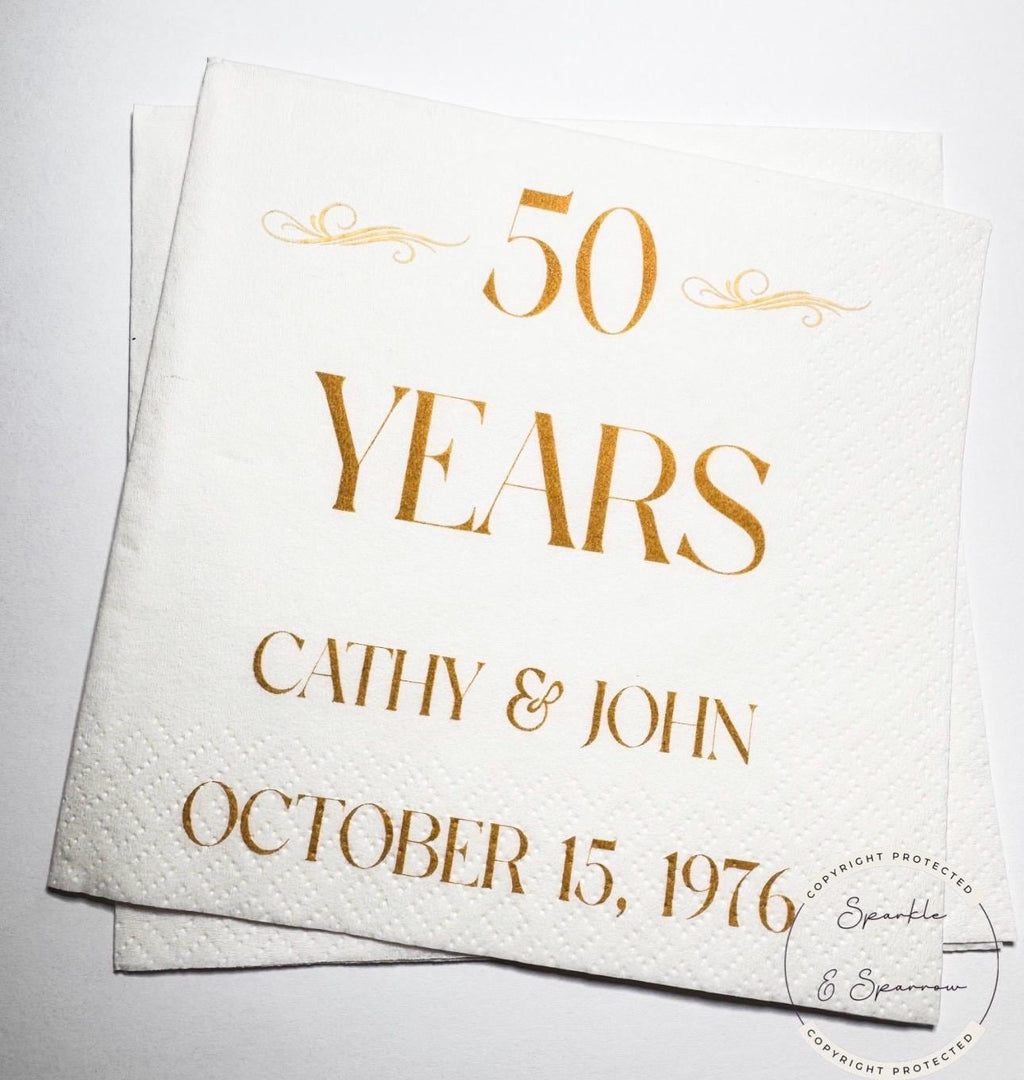 50th Anniversary Cheers to 50 Years Wedding 40th 60th Anniversary Party Personalized Party Cocktail, Luncheon or Dinner Napkins Set of 25