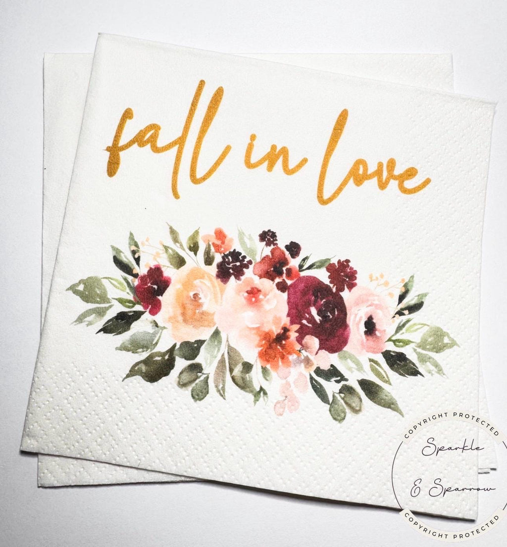Fall in Love Fall Bridal Shower Fall Wedding Autumn Fall in Love Baby Shower Fall Floral Cocktail, Luncheon or Dinner Napkins Set of 25