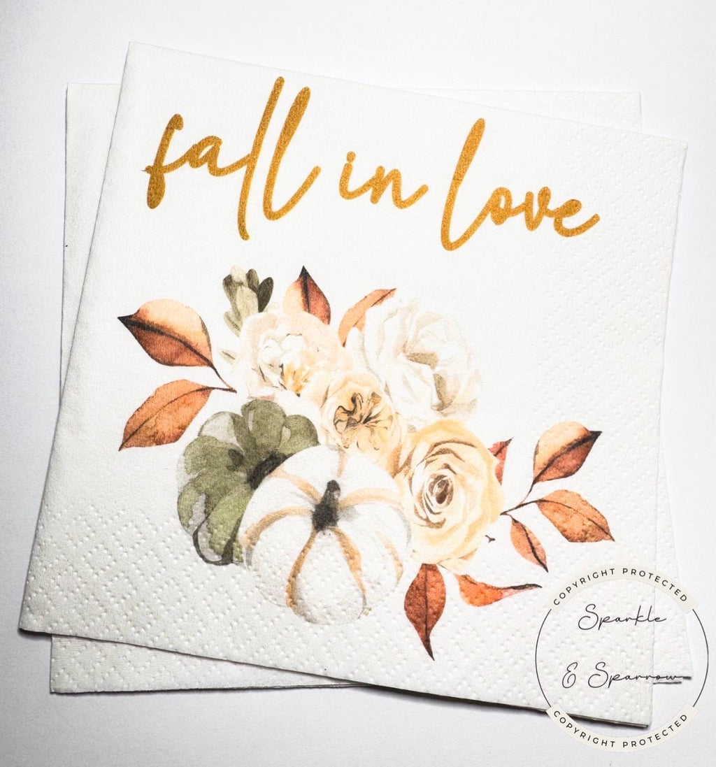 Fall in Love Fall Bridal Shower Fall Wedding Autumn Fall in Love Baby Shower Fall Floral Cocktail, Luncheon or Dinner Napkins Set of 25