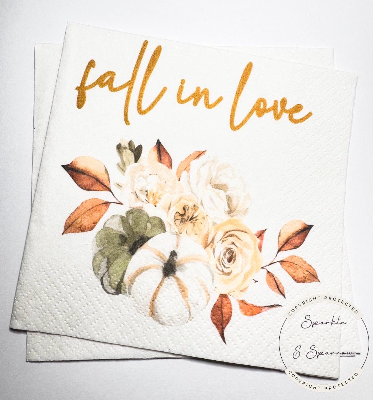 Fall in Love Fall Bridal Shower Fall Wedding Autumn Fall in Love Baby Shower Fall Floral Cocktail, Luncheon or Dinner Napkins Set of 25