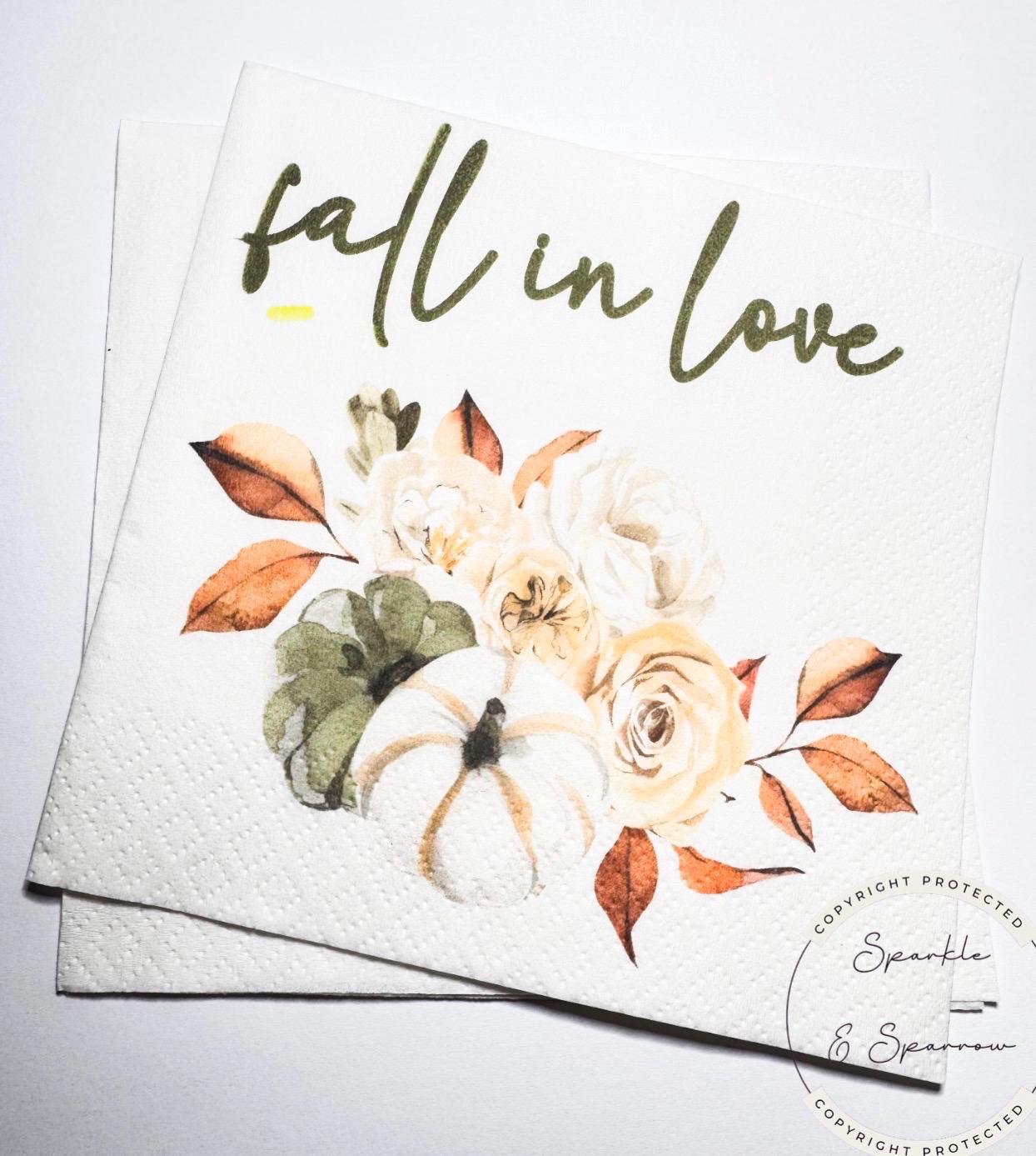 Fall in Love Fall Bridal Shower Fall Wedding Autumn Fall in Love Baby Shower Fall Floral Cocktail, Luncheon or Dinner Napkins Set of 25