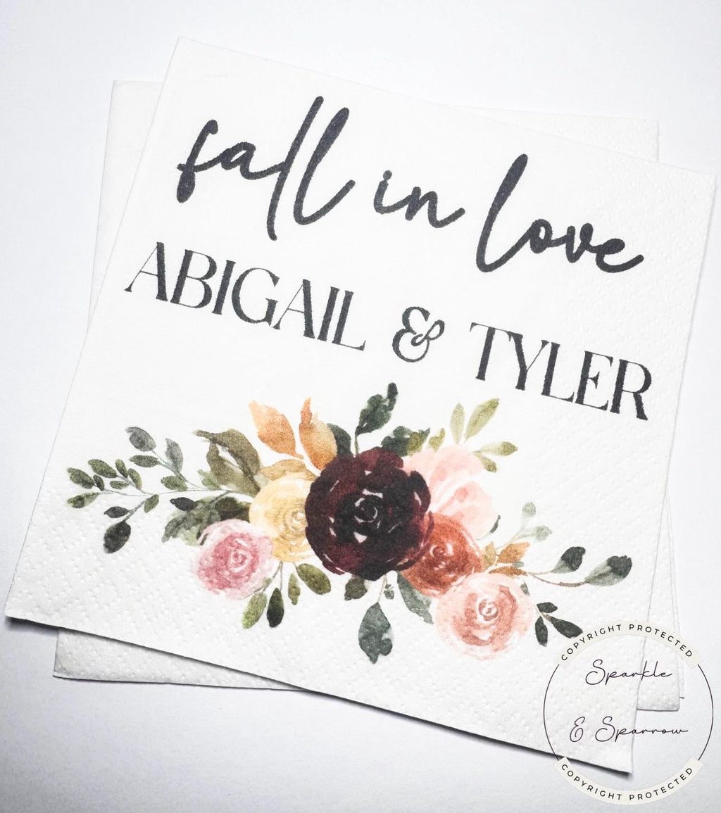 Fall in Love Fall Bridal Shower Fall Wedding Autumn Floral Fall Floral Wedding Personalized Cocktail, Luncheon or Dinner Napkins Set of 25