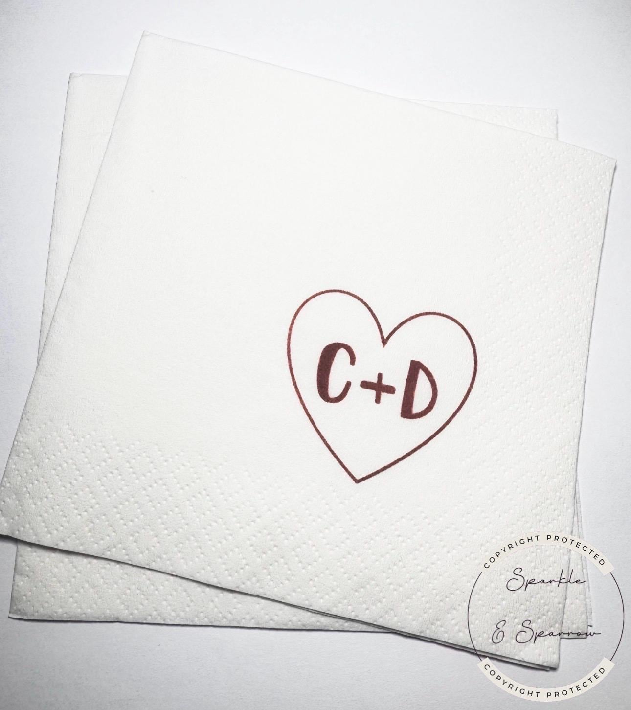 Heart Initials Wedding Napkin Bridal Shower Burgundy Bridal Shower Wedding Personalized Cocktail, Luncheon or Dinner Napkins Set of 25