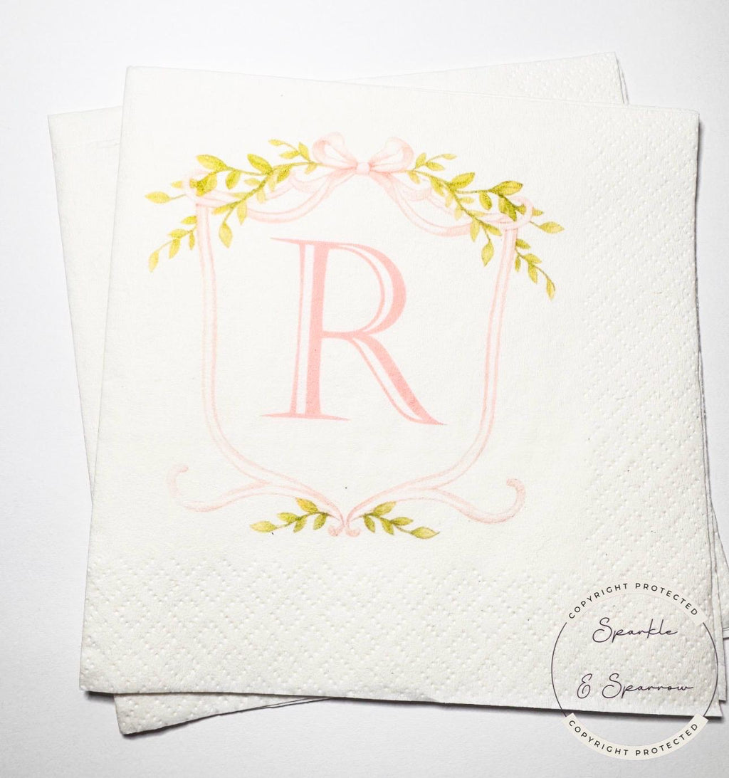 Pink Bow Monogram Girl Birthday Pink Baby Shower Preppy Monogram Baby Shower Personalized Cocktail, Luncheon or Dinner Napkins Set of 25