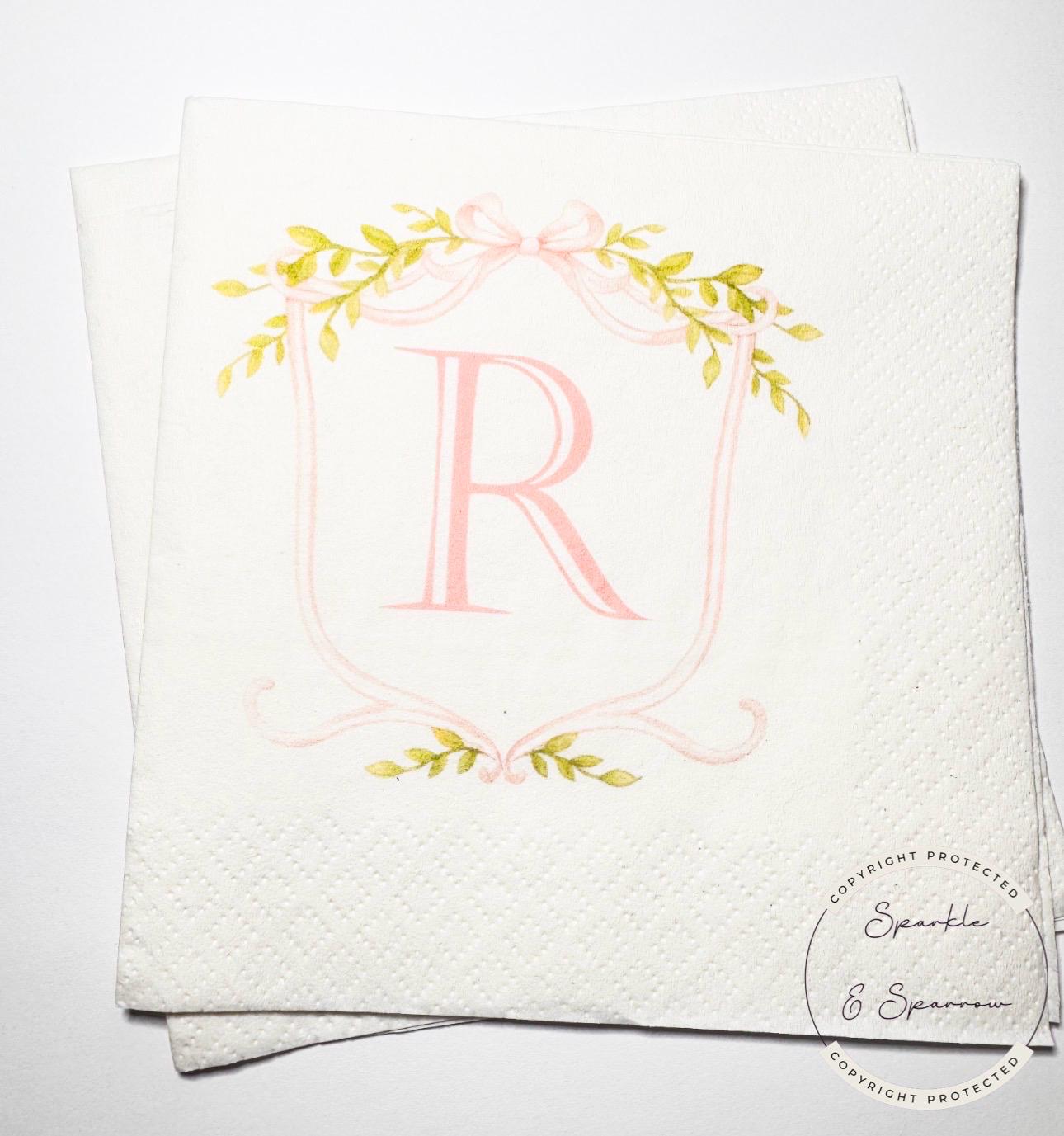 Pink Bow Monogram Girl Birthday Pink Baby Shower Preppy Monogram Baby Shower Personalized Cocktail, Luncheon or Dinner Napkins Set of 25