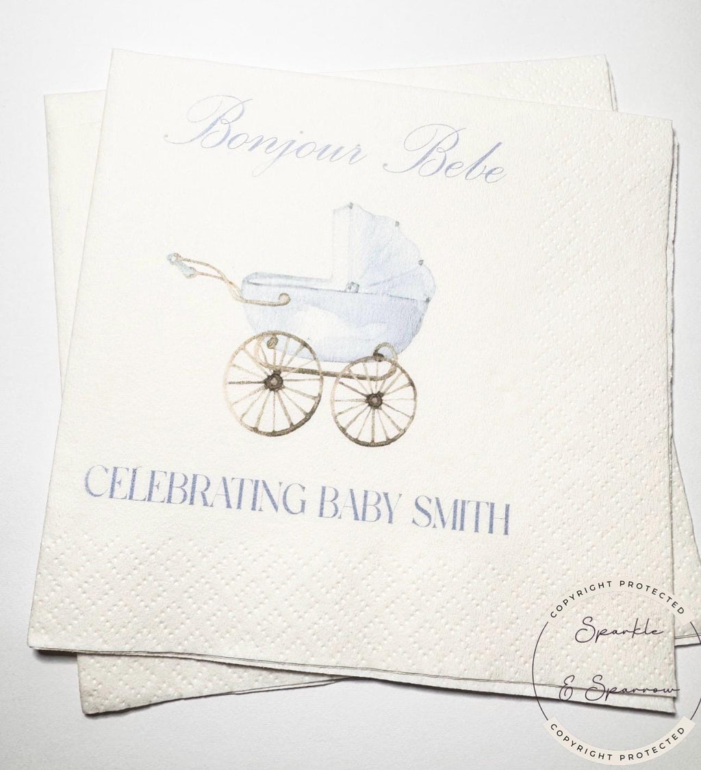 Bonjour Bebe Baby Carriage Boy Baby Shower Blue Bow French Themed Baby Shower Personalized Cocktail, Luncheon or Dinner Napkins Set of 25