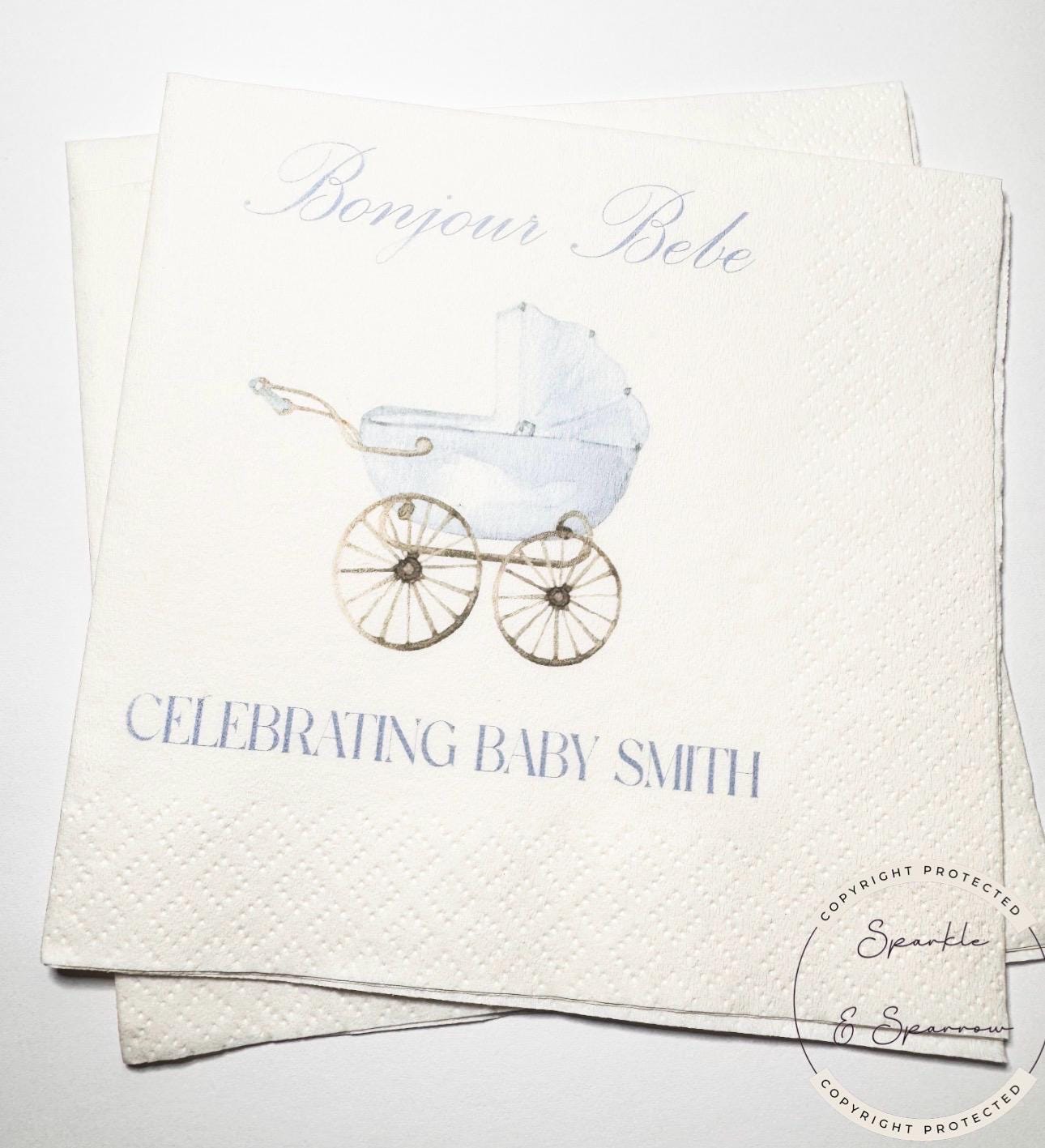 Bonjour Bebe Baby Carriage Boy Baby Shower Blue Bow French Themed Baby Shower Personalized Cocktail, Luncheon or Dinner Napkins Set of 25