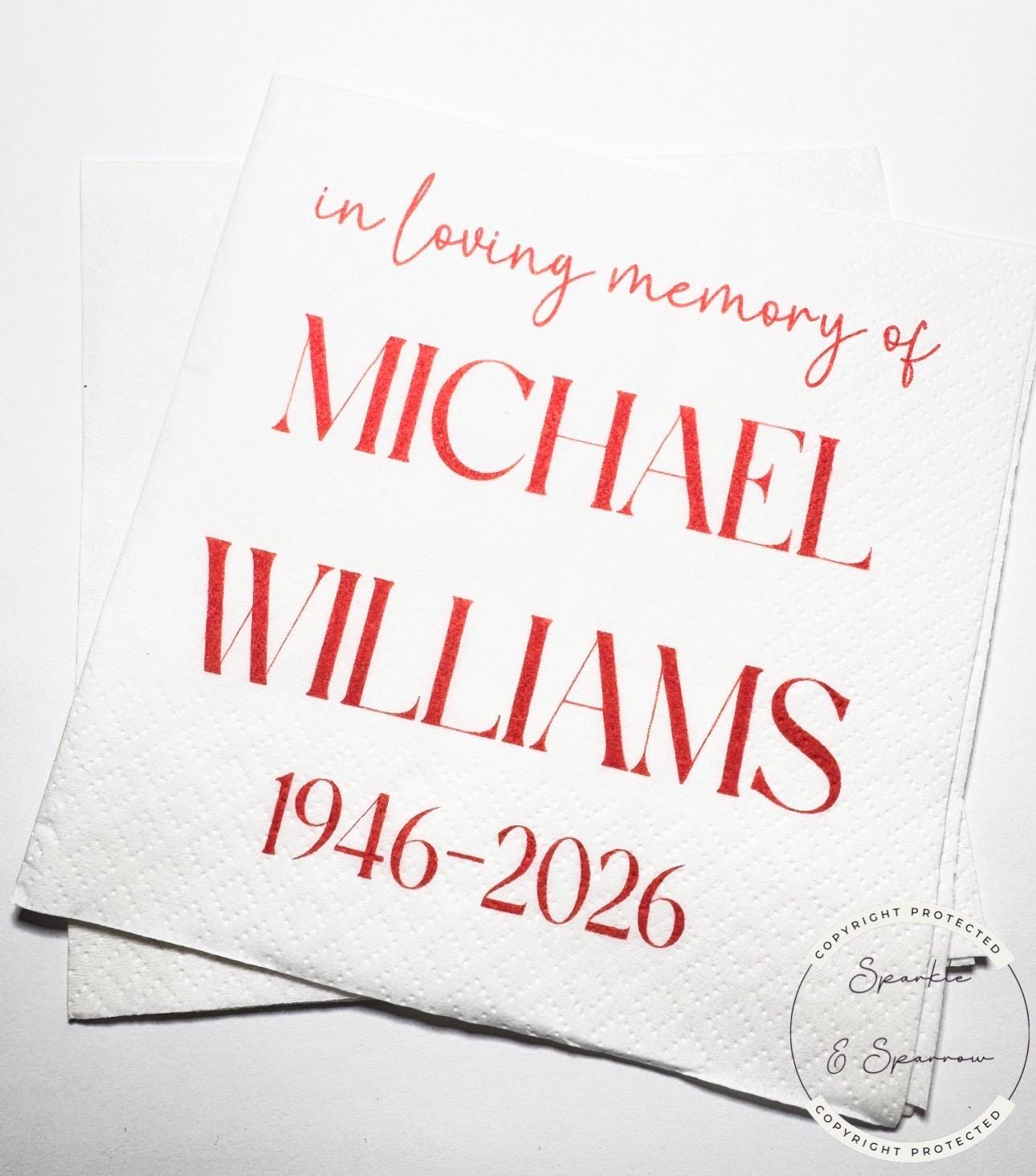 Celebration of Life Napkins Memorial Service Decor Funeral Decor Celebration of Life Red Personalized Cocktail, Lunch Napkins, Set of 25