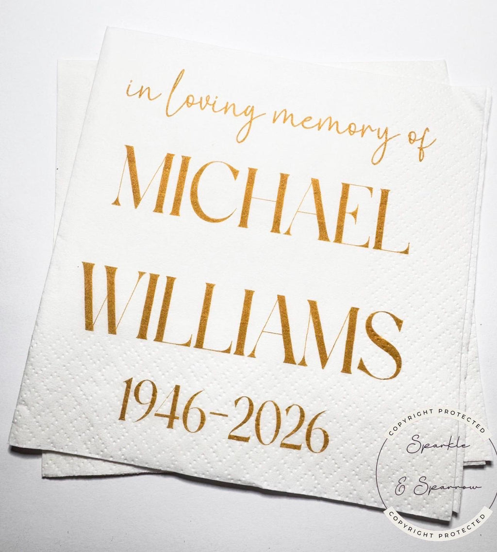 Celebration of Life Napkins Memorial Service Decor Funeral Decor Celebration of Life Gold Personalized Cocktail, Lunch Napkins, Set of 25