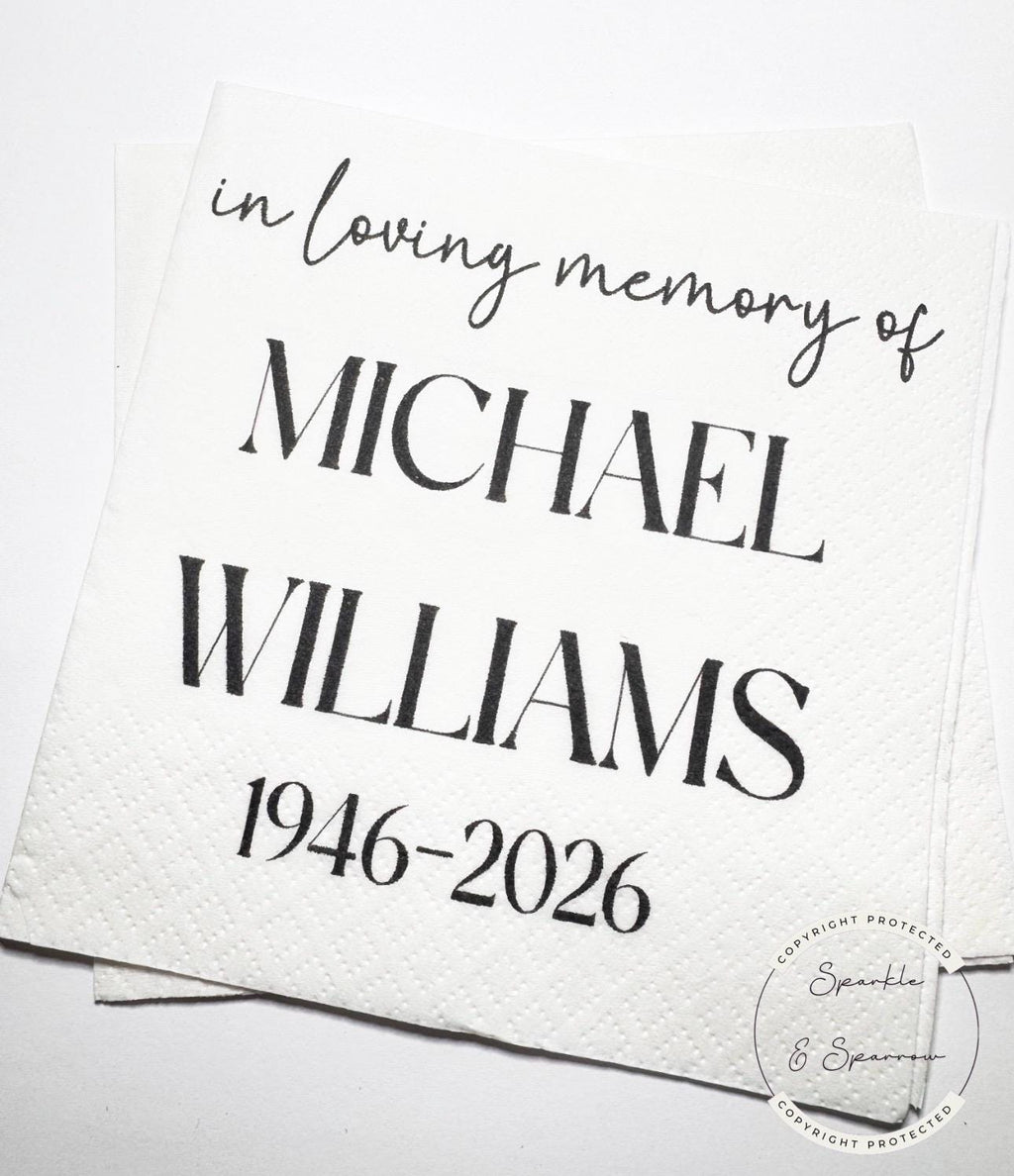 Celebration of Life Napkins Memorial Service Decor Funeral Decor Celebration of Life Black Personalized Cocktail, Lunch Napkins, Set of 25
