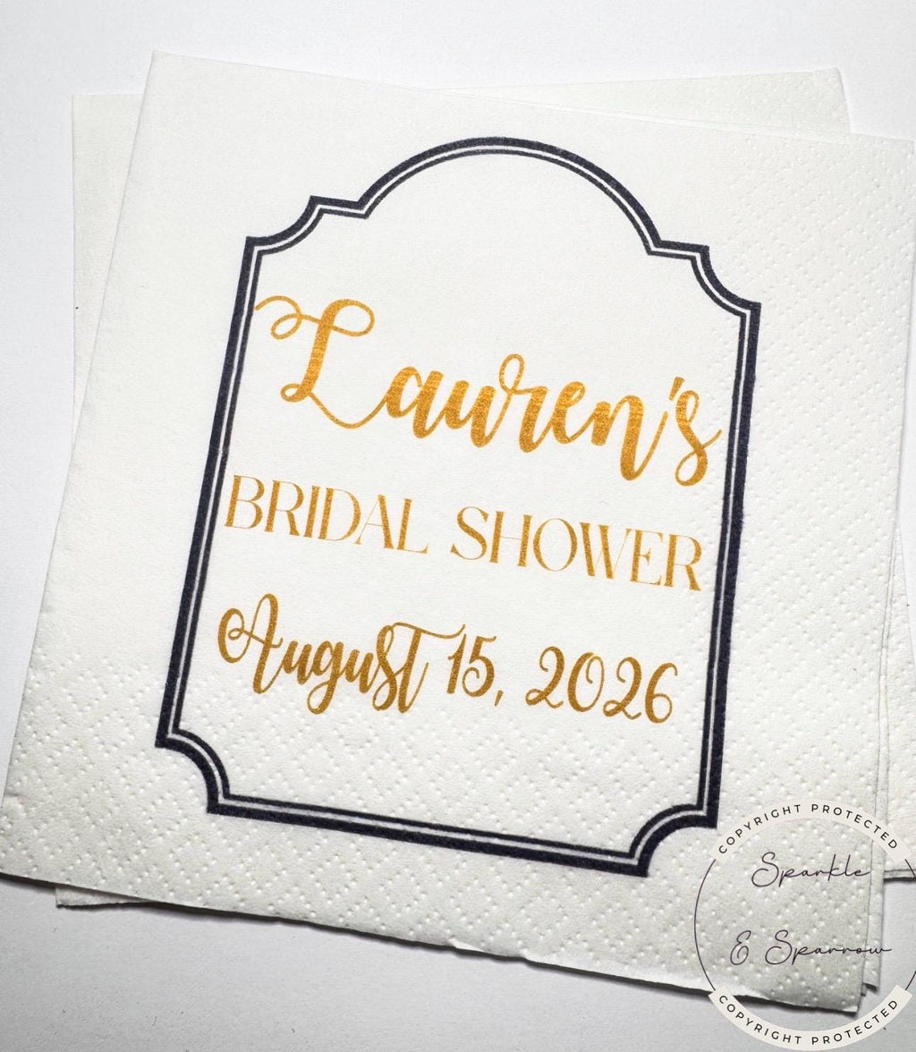Nautical Bridal Shower Seashells Wedding Bells Navy Blue Bridal Shower Personalized Cocktail, Luncheon or Dinner Napkins Set of 25