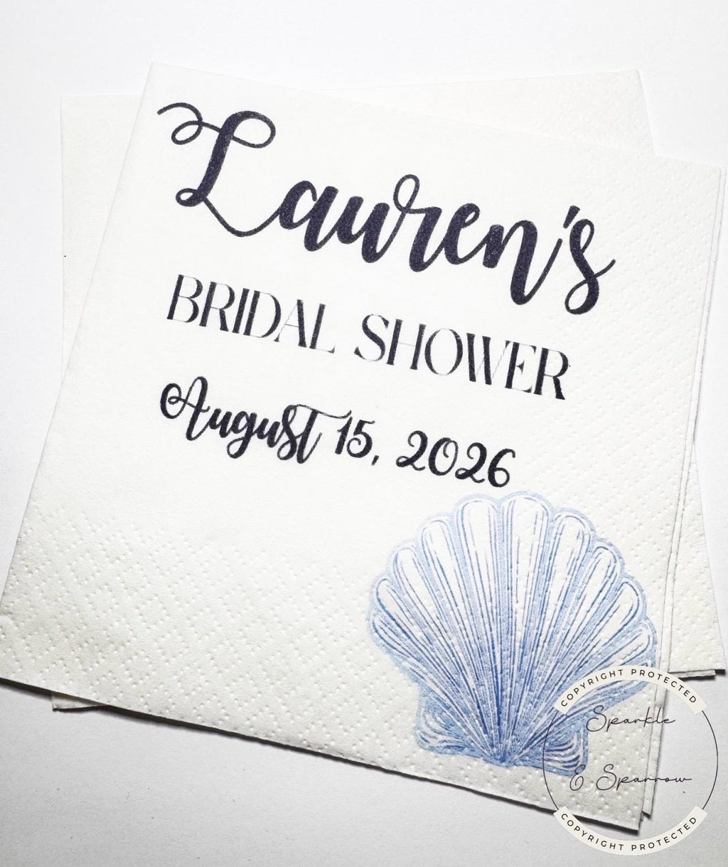 Nautical Bridal Shower Seashells Wedding Bells Navy Blue Bridal Shower Personalized Cocktail, Luncheon or Dinner Napkins Set of 25