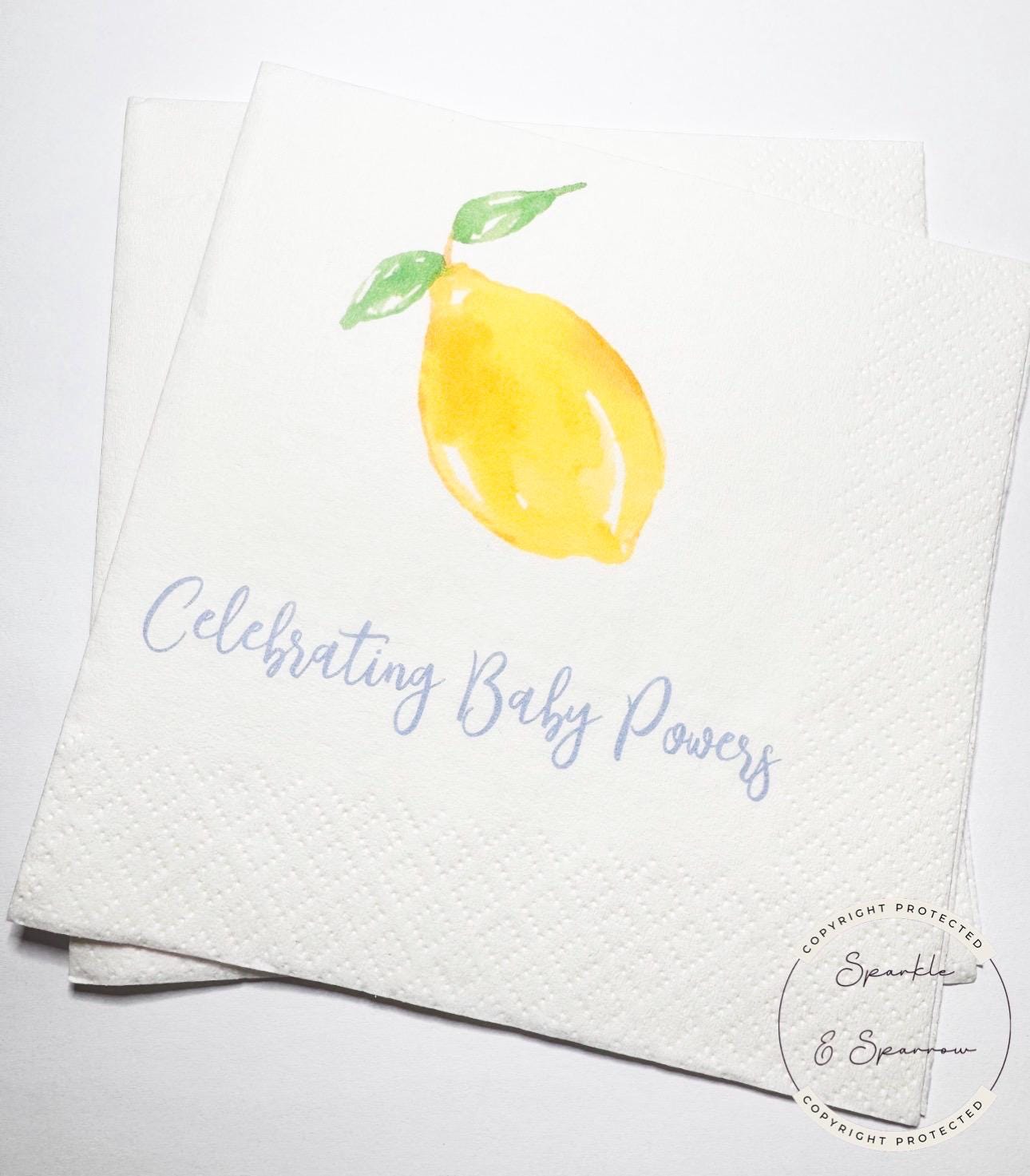 Lemon Baby Shower Spring Summer Baby  Shower Blue Yellow Personalized Cocktail, Luncheon or Dinner Napkins Set of 25