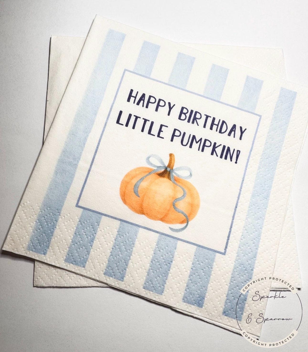 Pumpkin Birthday Pumpkin Blue Bow Pumpkin Happy Birthday Little Pumpkin Fall Birthday Cocktail, Luncheon or Dinner Napkins Set of 25