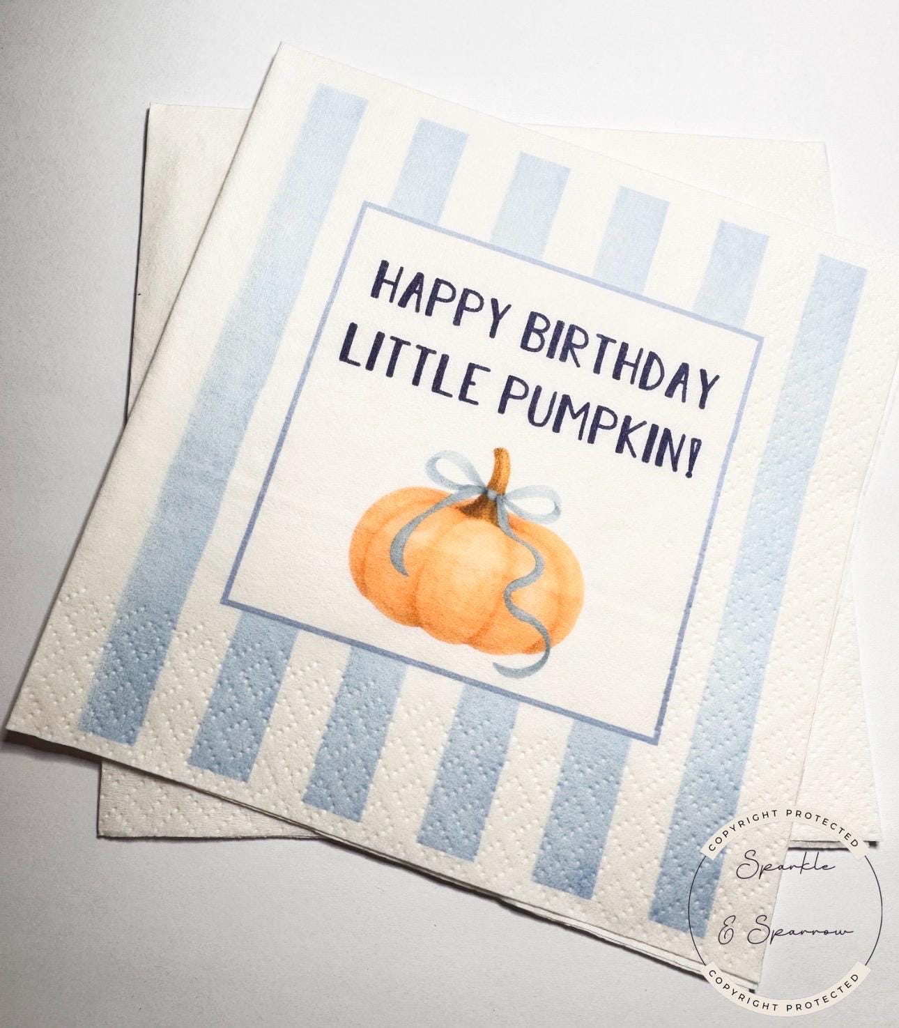 Pumpkin Birthday Pumpkin Blue Bow Pumpkin Happy Birthday Little Pumpkin Fall Birthday Cocktail, Luncheon or Dinner Napkins Set of 25