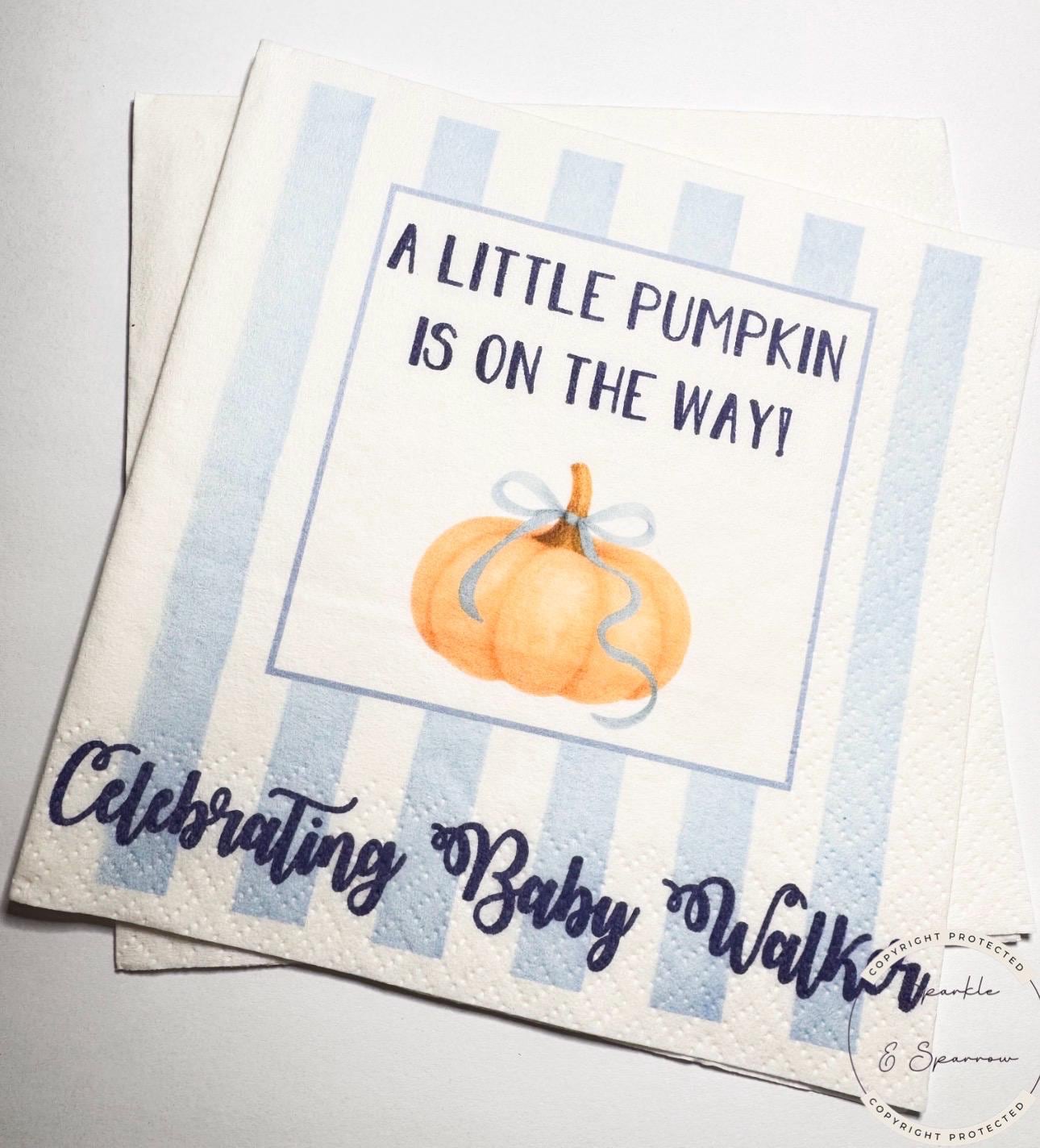 Little Pumpkin on the Way Blue Bow Pumpkin Oh Baby Shower Blue Bow Pumpkin Fall Personalized Cocktail, Luncheon or Dinner Napkins Set of 25