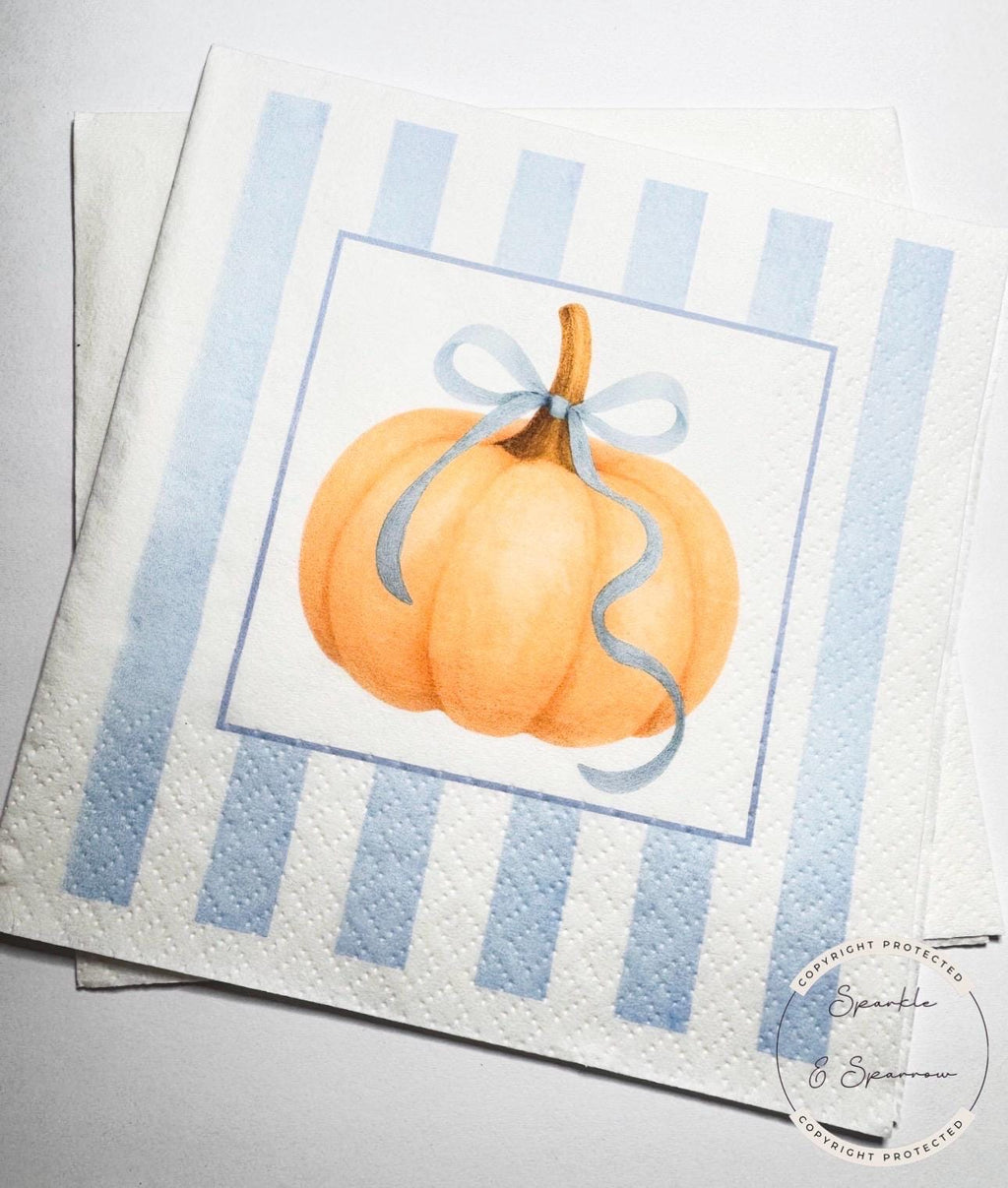 Pumpkin Birthday Pumpkin Blue Bow Blue Stripes Pumpkin Fall Birthday Fall Baby Shower Cocktail, Luncheon or Dinner Napkins Set of 25