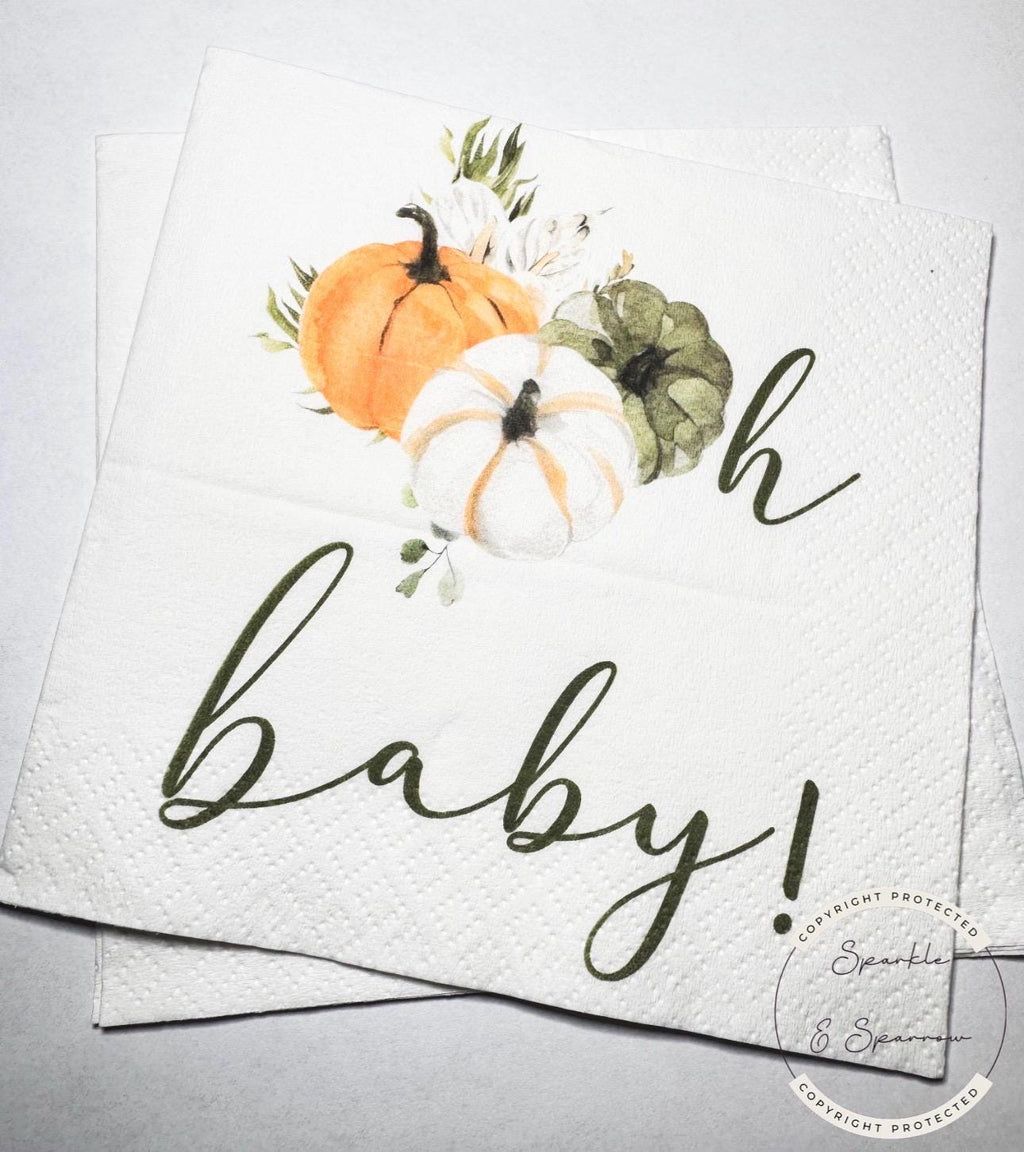 Pumpkin Oh Baby Shower Pumpkin Autumn Baby Neutral Baby Shower Green Pumpkin Baby Shower Cocktail, Luncheon or Dinner Napkins Set of 25