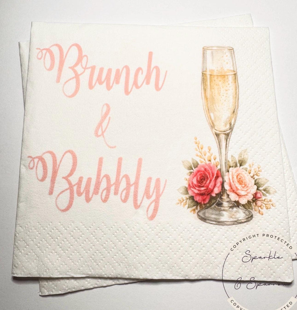Brunch & Bubbly Bridal Shower Champagne Mimosa Bar Bridal Brunch Pink Floral Mimosa Bridal Cocktail, Luncheon or Dinner Napkins Set of 25