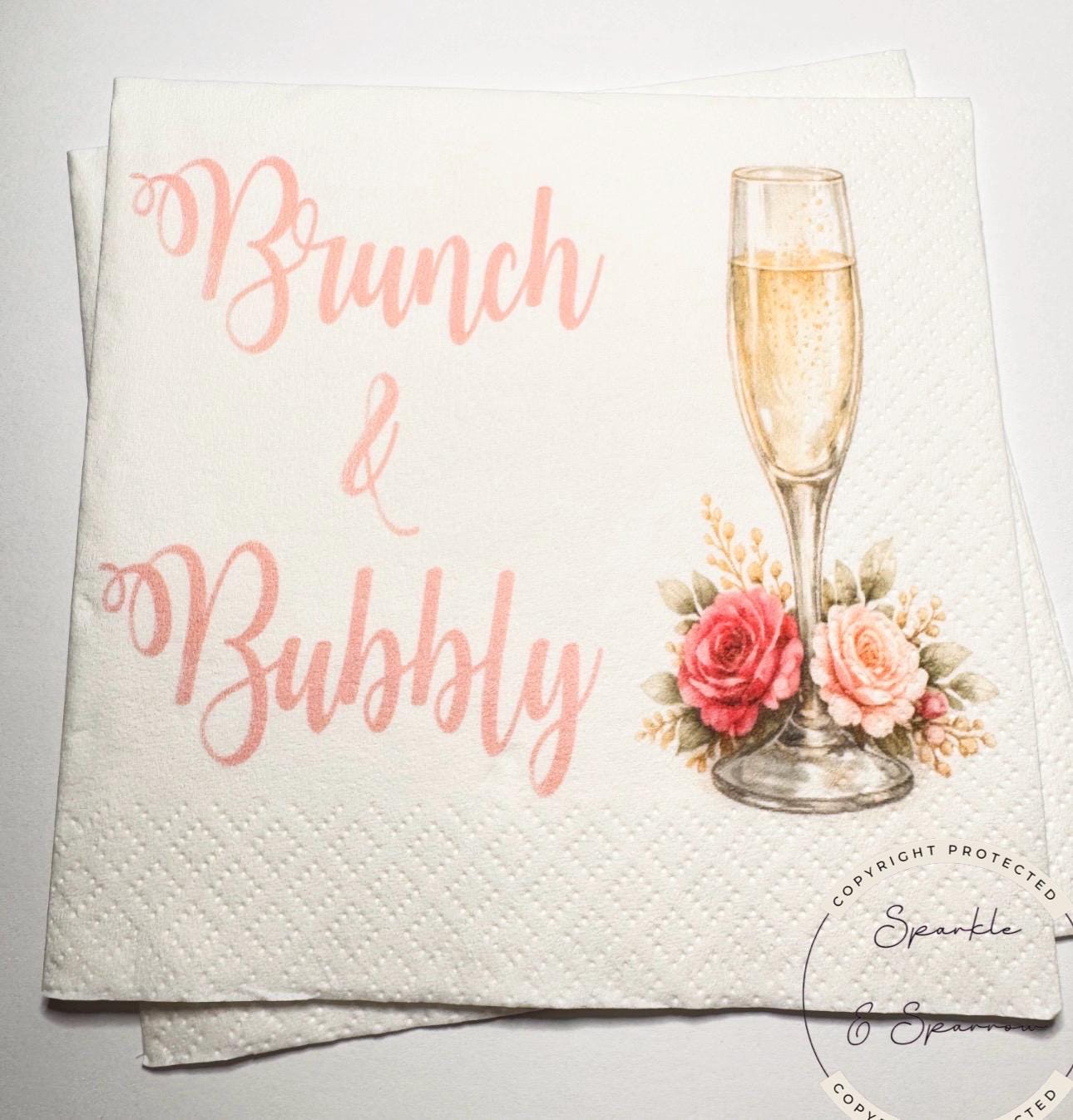 Brunch & Bubbly Bridal Shower Champagne Mimosa Bar Bridal Brunch Pink Floral Mimosa Bridal Cocktail, Luncheon or Dinner Napkins Set of 25