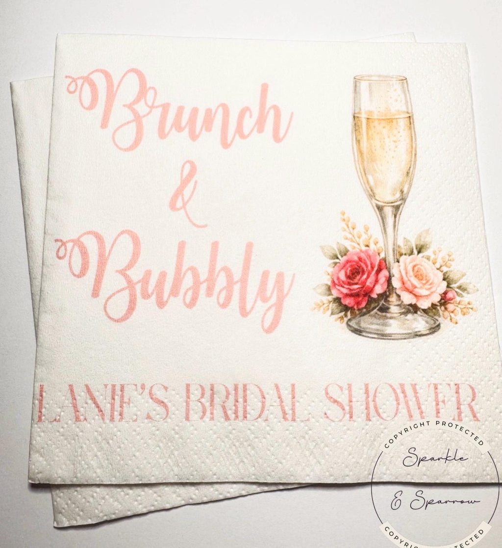Brunch & Bubbly Bridal Shower Champagne Mimosa Bar Bridal Brunch Mimosa Bridal Personalized Cocktail, Luncheon or Dinner Napkins Set of 25