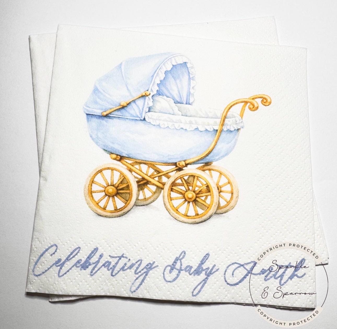 Baby Carriage Boy Baby Shower Watercolor Crest Monogram Blue Bow Baby Shower Personalized Cocktail, Luncheon or Dinner Napkins Set of 25
