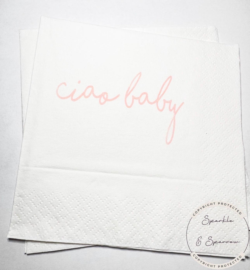 Ciao Baby Pink Girl Baby Shower Italian Baby Shower Ciao Bambino Pink Baby Shower Summer Cocktail, Luncheon or Dinner Napkins Set of 25