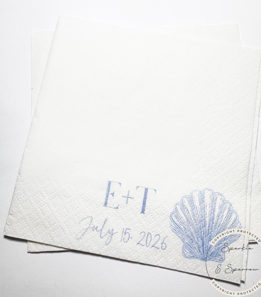 Nautical Bridal Shower Wedding Seashells Wedding Bells Navy Blue Bridal Shower Personalized Cocktail, Luncheon or Dinner Napkins Set of 25