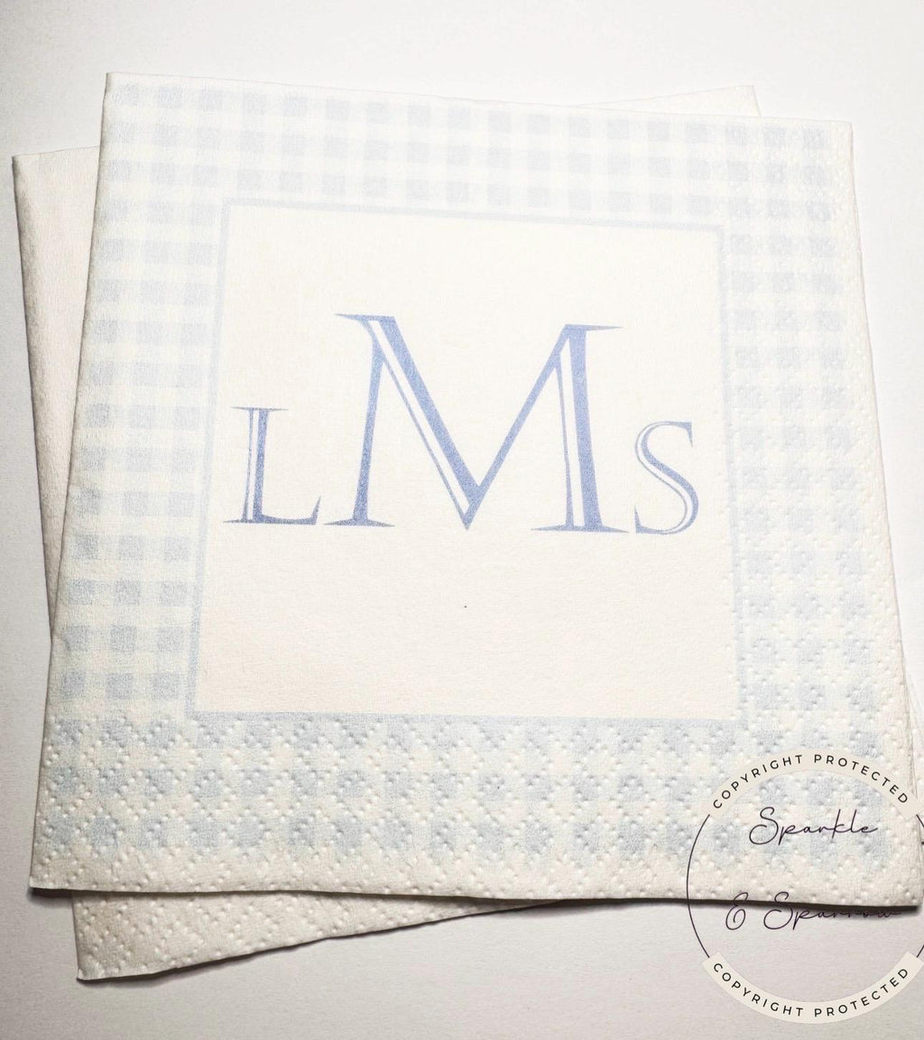 Blue Monogram Boy Gingham Baby Shower Birthday Blue Preppy Bridal Shower Personalized Cocktail, Luncheon or Dinner Napkins Set of 25