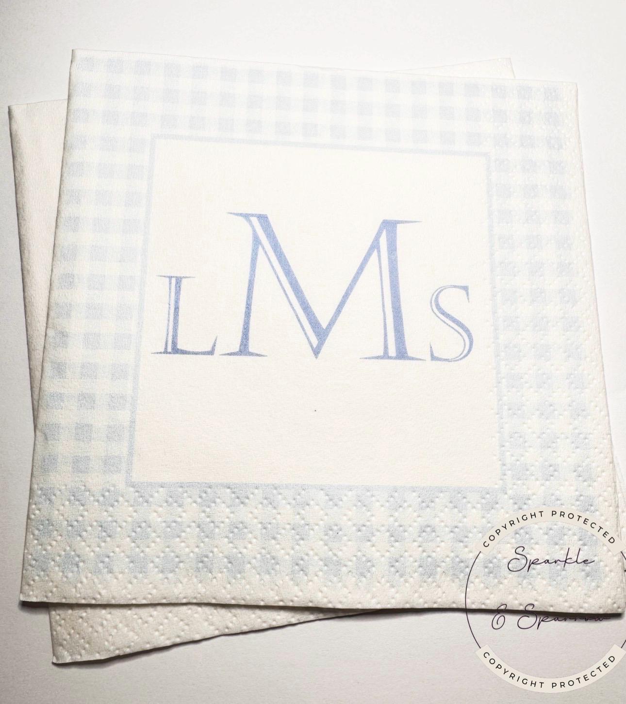Blue Monogram Boy Gingham Baby Shower Birthday Blue Preppy Bridal Shower Personalized Cocktail, Luncheon or Dinner Napkins Set of 25