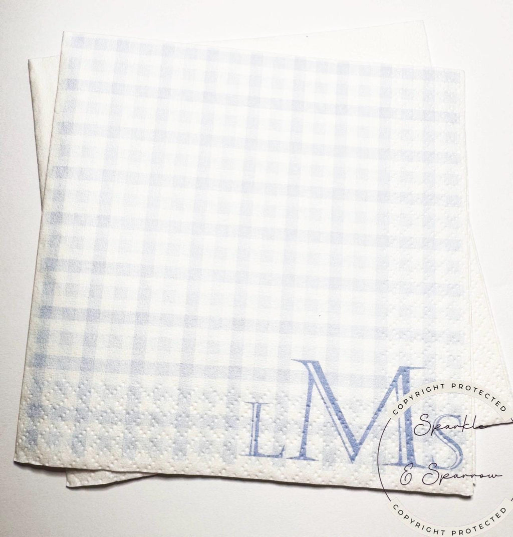 Blue Monogram Boy Gingham Baby Shower Birthday Blue Preppy Bridal Shower Personalized Cocktail, Luncheon or Dinner Napkins Set of 25