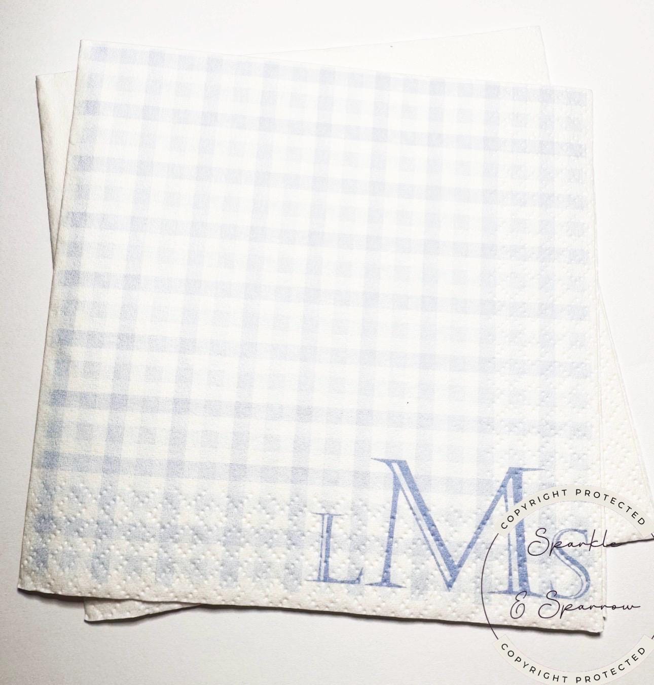 Blue Monogram Boy Gingham Baby Shower Birthday Blue Preppy Bridal Shower Personalized Cocktail, Luncheon or Dinner Napkins Set of 25
