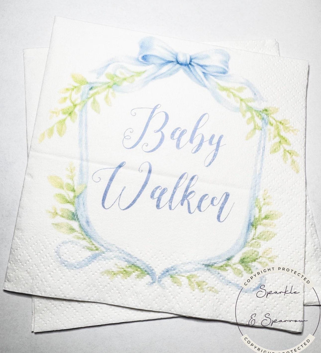 Blue Bow Baby Shower Preppy Baby Shower It’s a Boy Blue Boy Baby Shower Personalized Cocktail, Luncheon or Dinner Napkins Set of 25