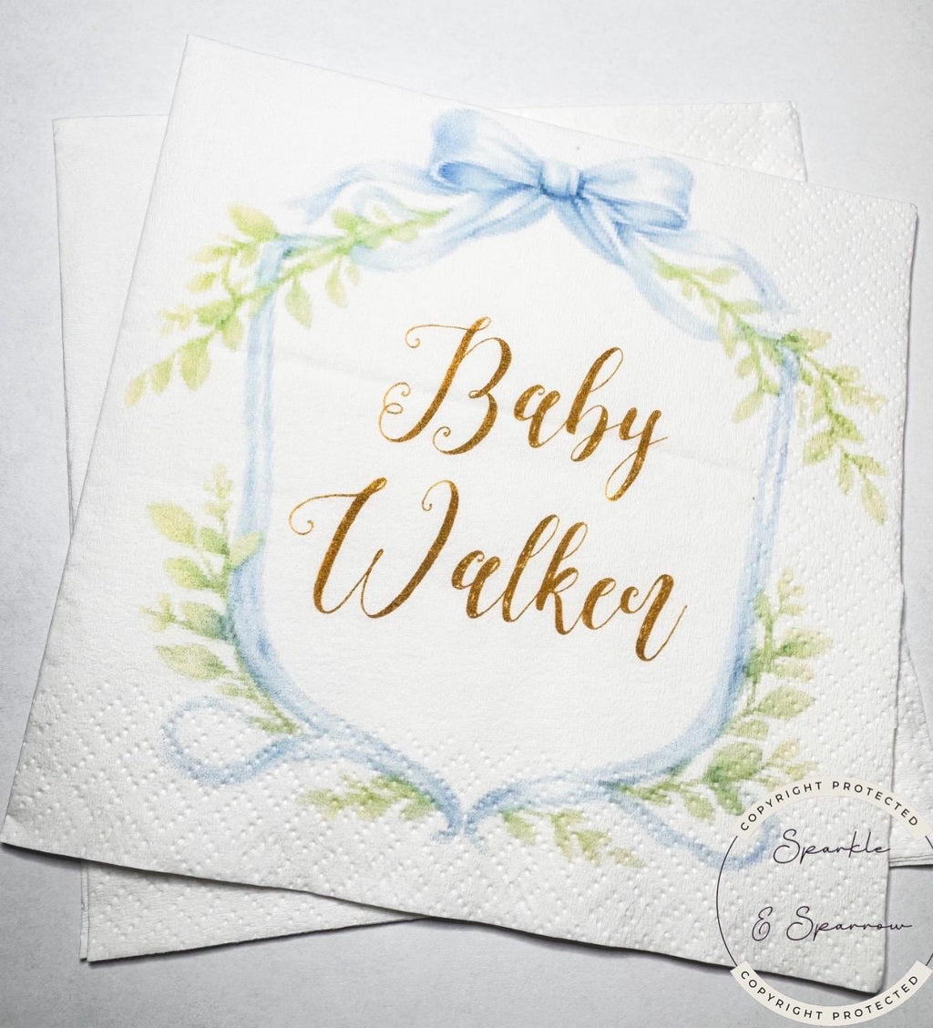 Blue Bow Baby Shower Preppy Baby Shower It’s a Boy Blue Boy Baby Shower Personalized Cocktail, Luncheon or Dinner Napkins Set of 25