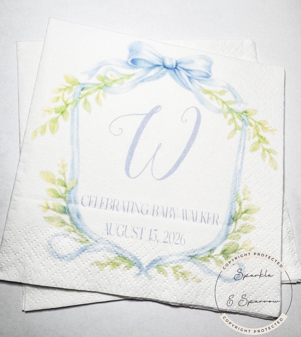 Blue Bow Baby Shower Preppy Baby Shower It’s a Boy Blue Boy Baby Shower Personalized Cocktail, Luncheon or Dinner Napkins Set of 25