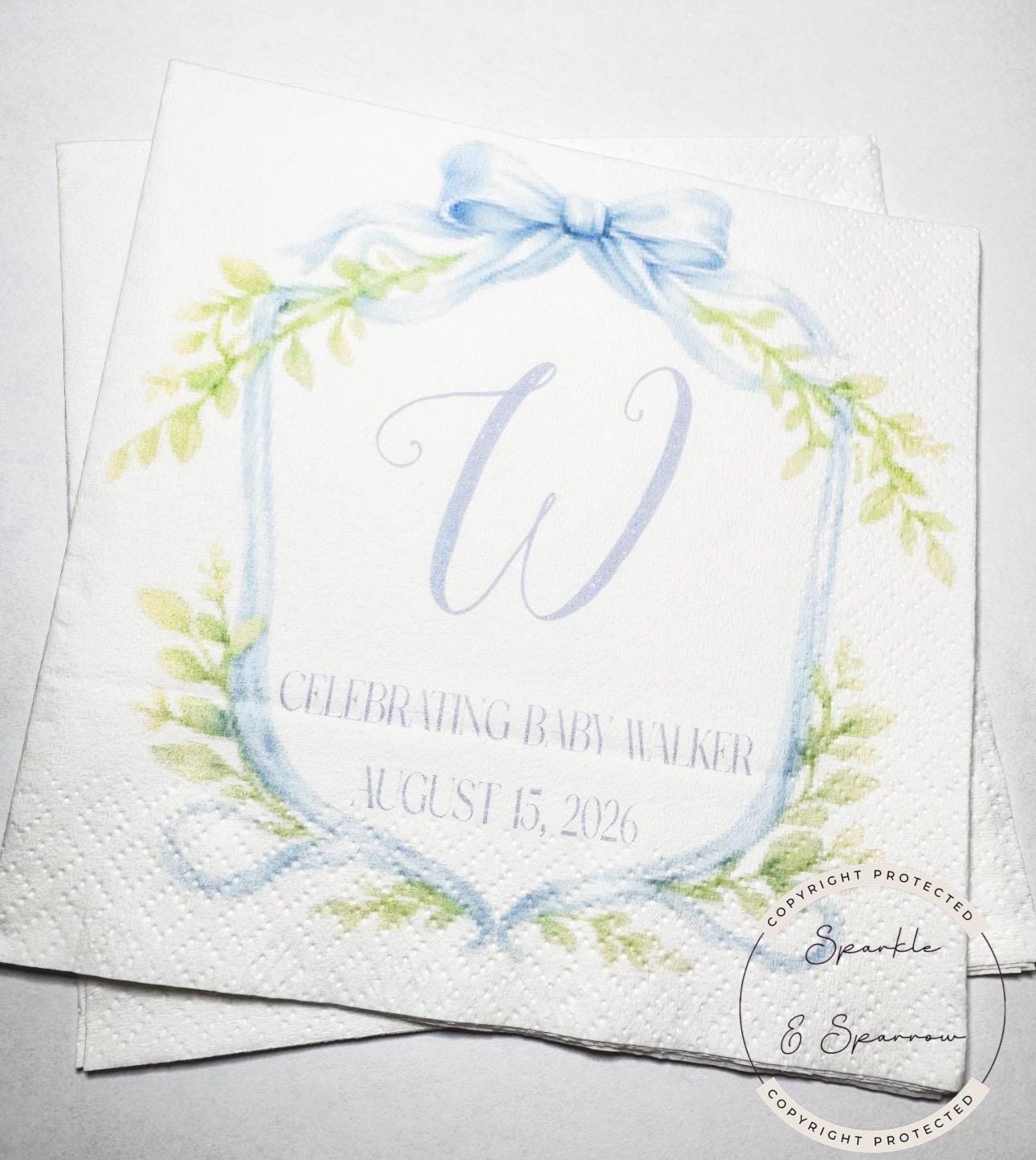 Blue Bow Baby Shower Preppy Baby Shower It’s a Boy Blue Boy Baby Shower Personalized Cocktail, Luncheon or Dinner Napkins Set of 25