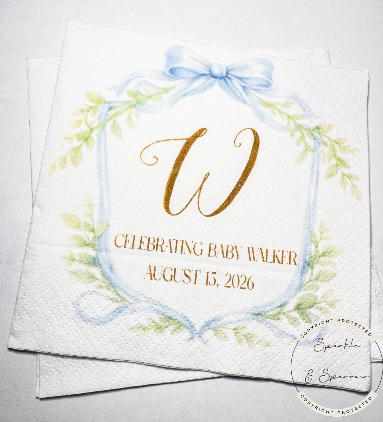 Blue Bow Baby Shower Preppy Baby Shower It’s a Boy Blue Boy Baby Shower Personalized Cocktail, Luncheon or Dinner Napkins Set of 25
