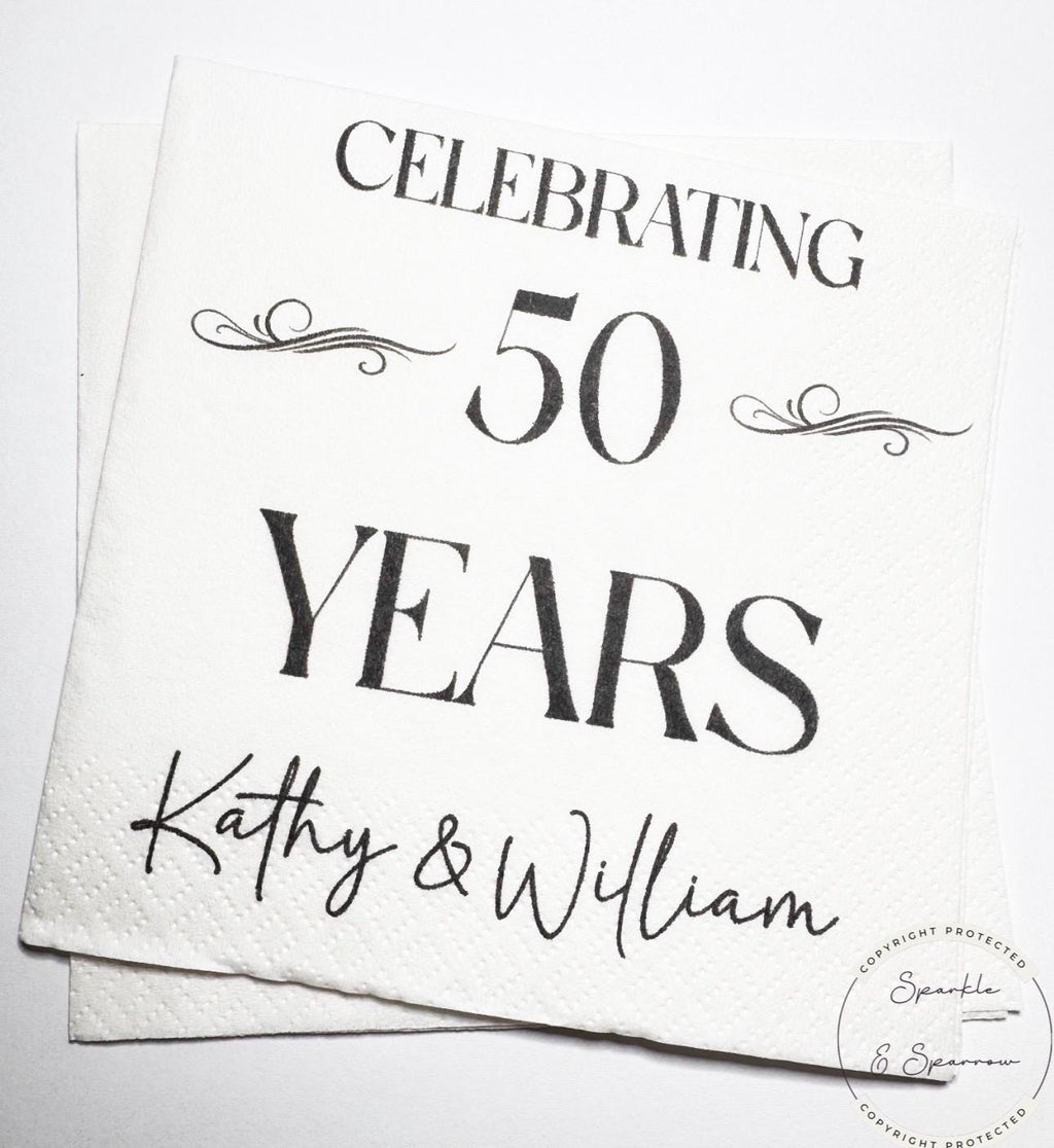 50th Anniversary Cheers to 50 Years Wedding 40th 60th Anniversary Party Personalized Party Cocktail, Luncheon or Dinner Napkins Set of 25