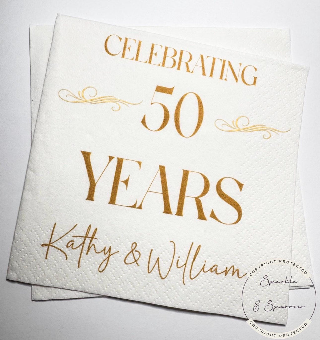 50th Anniversary Cheers to 50 Years Wedding 40th 60th Anniversary Party Personalized Party Cocktail, Luncheon or Dinner Napkins Set of 25