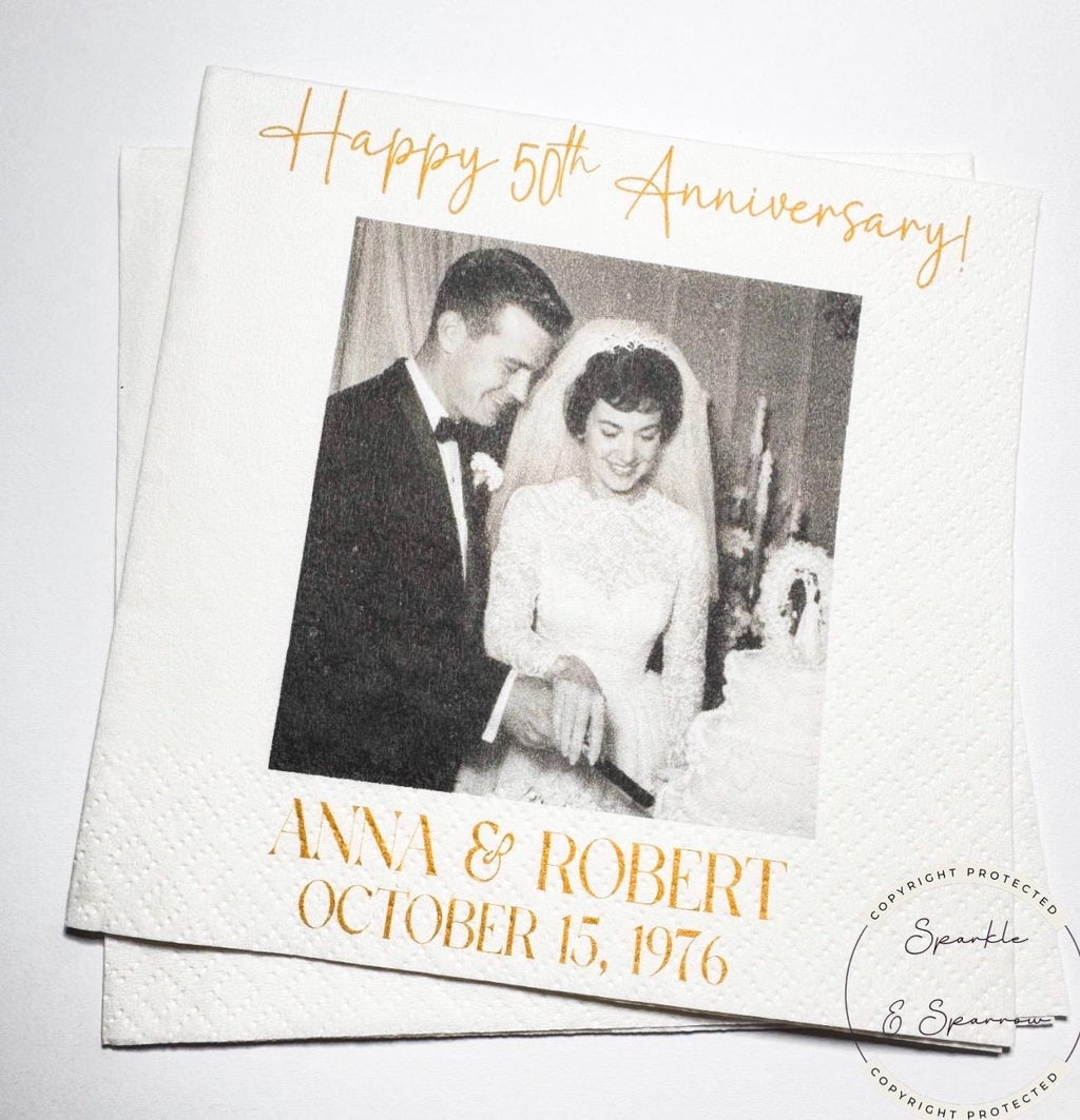 50th Anniversary Cheers to 50 Years Wedding Anniversary Picture Personalized Party Cocktail, Luncheon or Dinner Napkins Set of 25