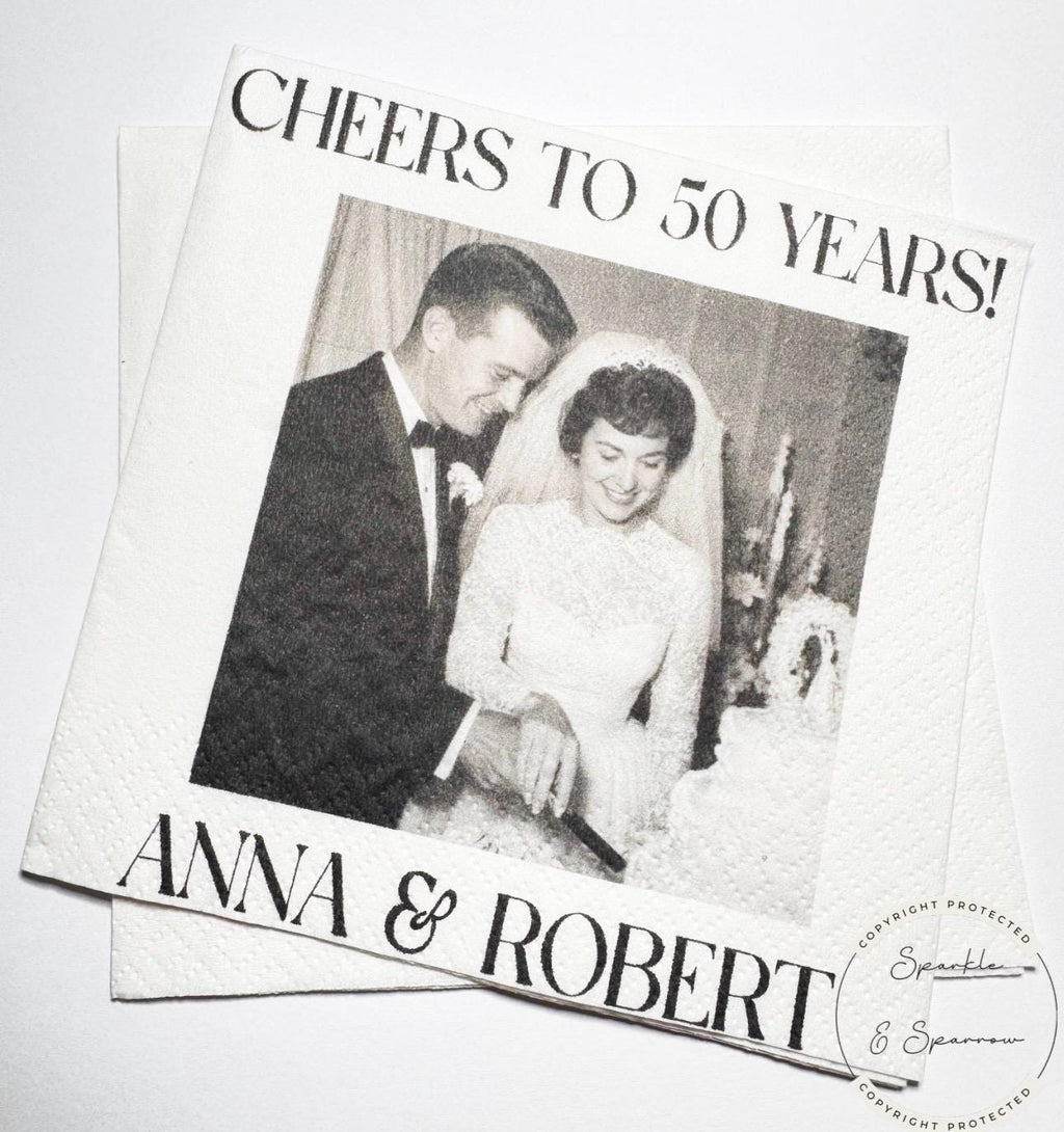 50th Anniversary Cheers to 50 Years Wedding Anniversary Picture Personalized Party Cocktail, Luncheon or Dinner Napkins Set of 25