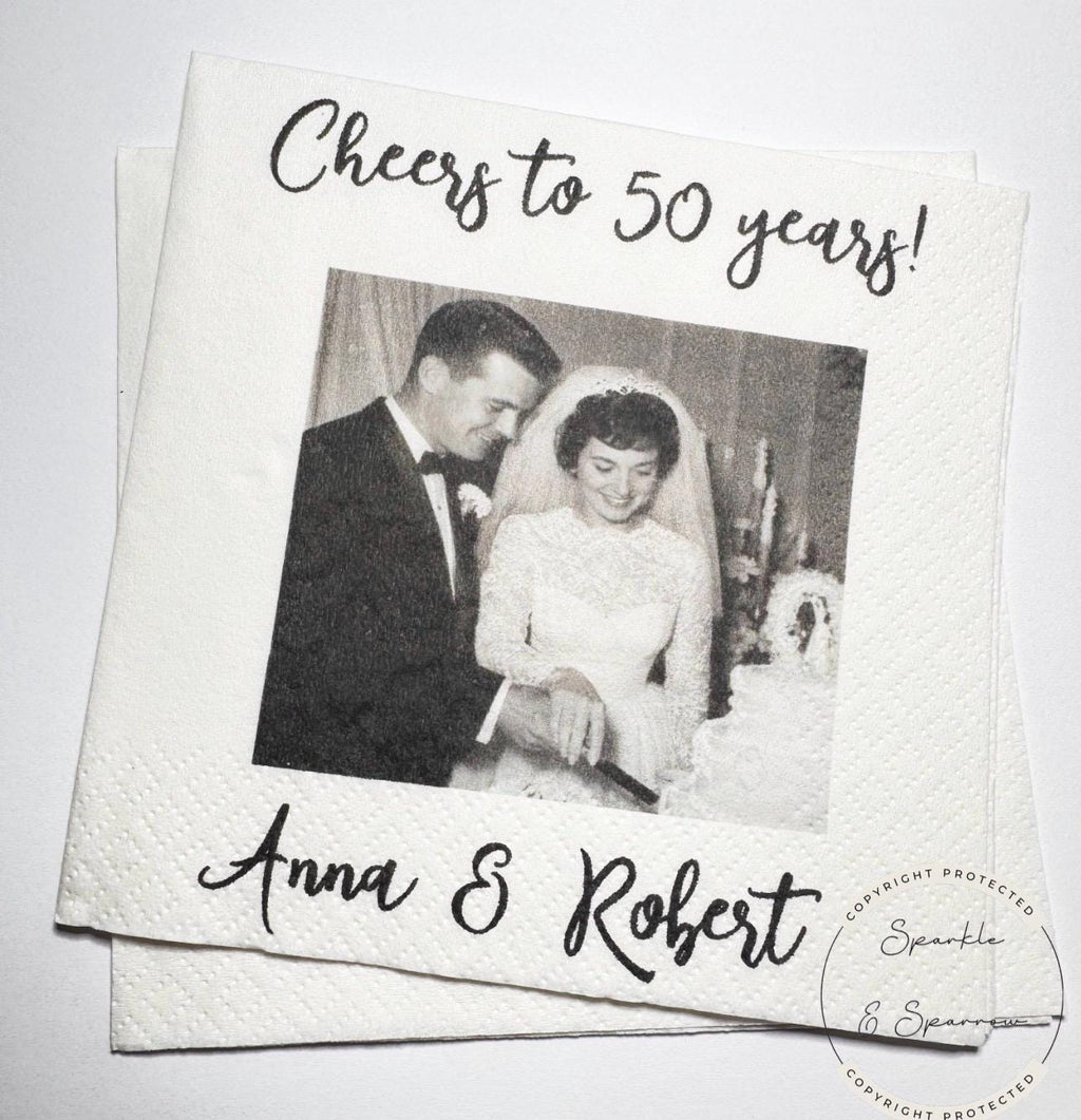 50th Anniversary Cheers to 50 Years Wedding Anniversary Picture Personalized Party Cocktail, Luncheon or Dinner Napkins Set of 25