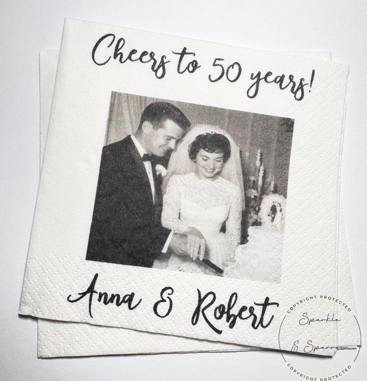 50th Anniversary Cheers to 50 Years Wedding Anniversary Picture Personalized Party Cocktail, Luncheon or Dinner Napkins Set of 25