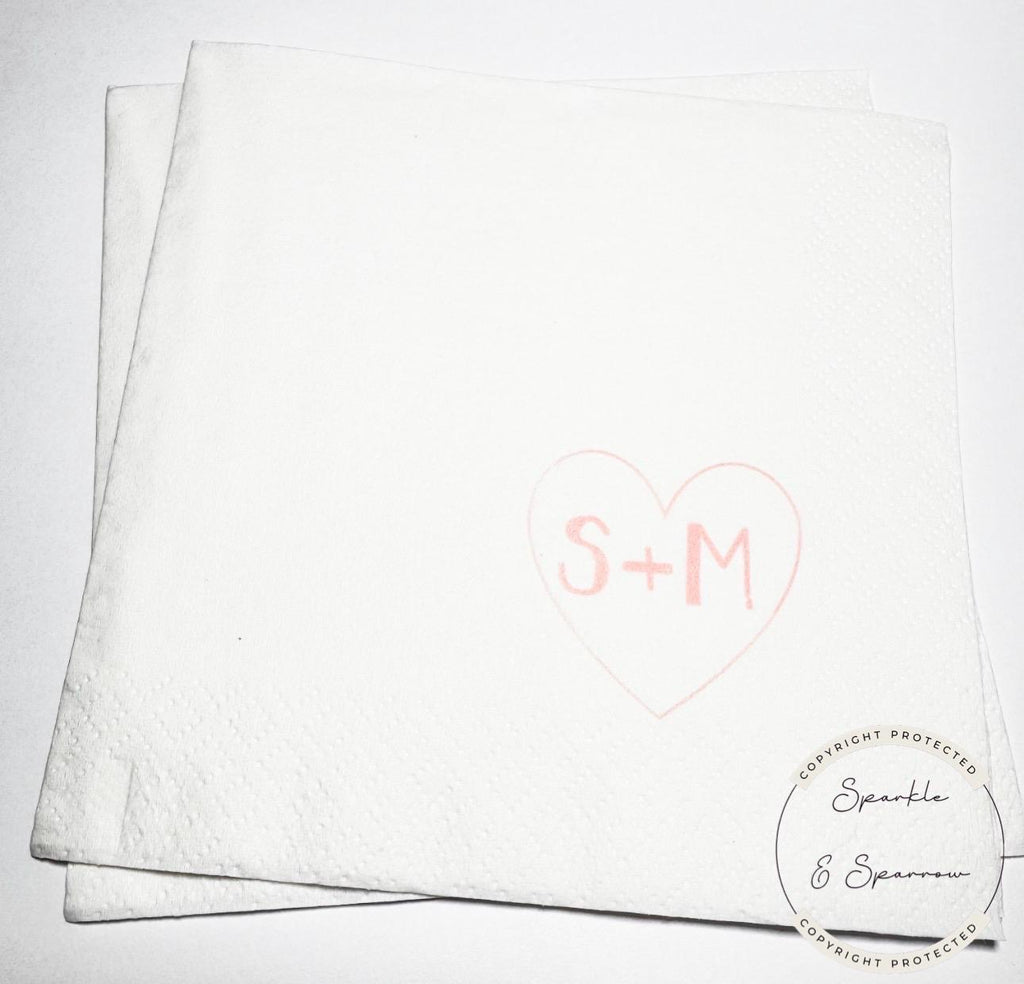 Heart Initials Wedding Napkin Bridal Shower Pink Bridal Shower Pink Wedding Personalized Cocktail, Luncheon or Dinner Napkins Set of 25