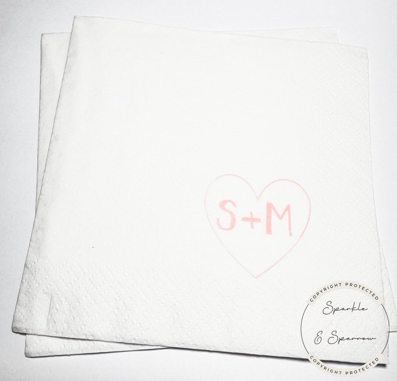 Heart Initials Wedding Napkin Bridal Shower Pink Bridal Shower Pink Wedding Personalized Cocktail, Luncheon or Dinner Napkins Set of 25