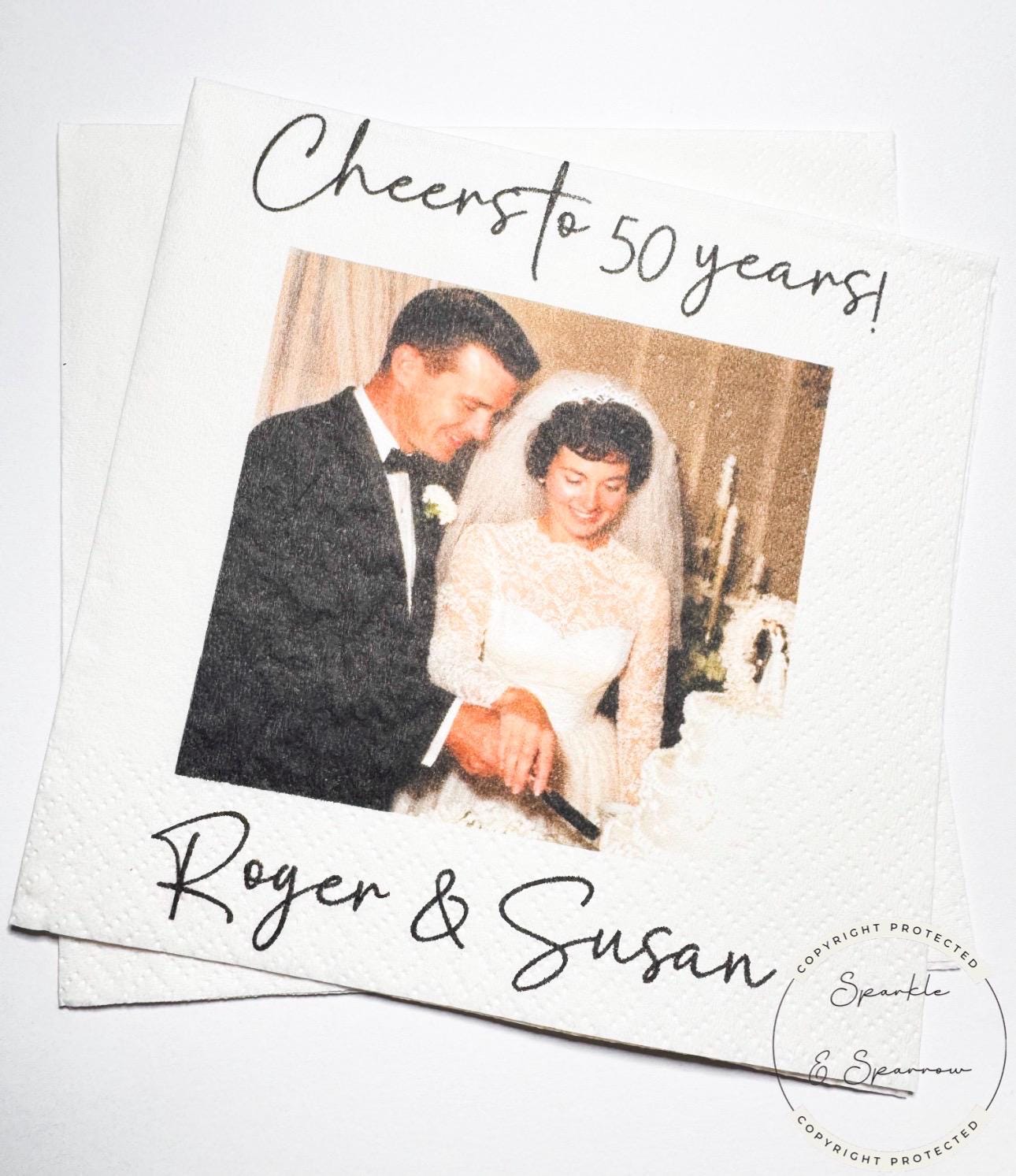 50th Anniversary Cheers to 50 Years Wedding Anniversary Picture Personalized Party Cocktail, Luncheon or Dinner Napkins Set of 25
