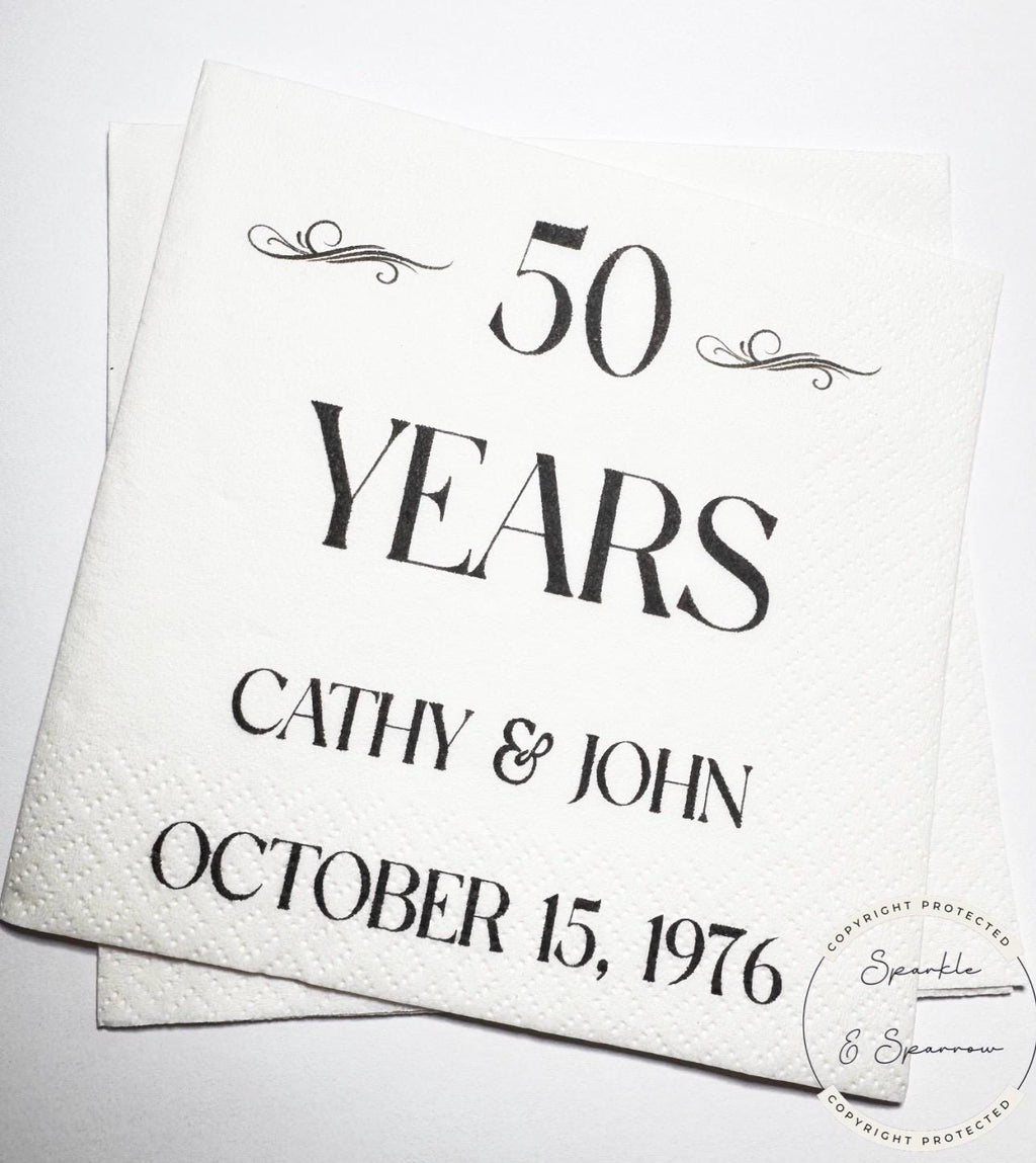 50th Anniversary Cheers to 50 Years Wedding 40th 60th Anniversary Party Personalized Party Cocktail, Luncheon or Dinner Napkins Set of 25