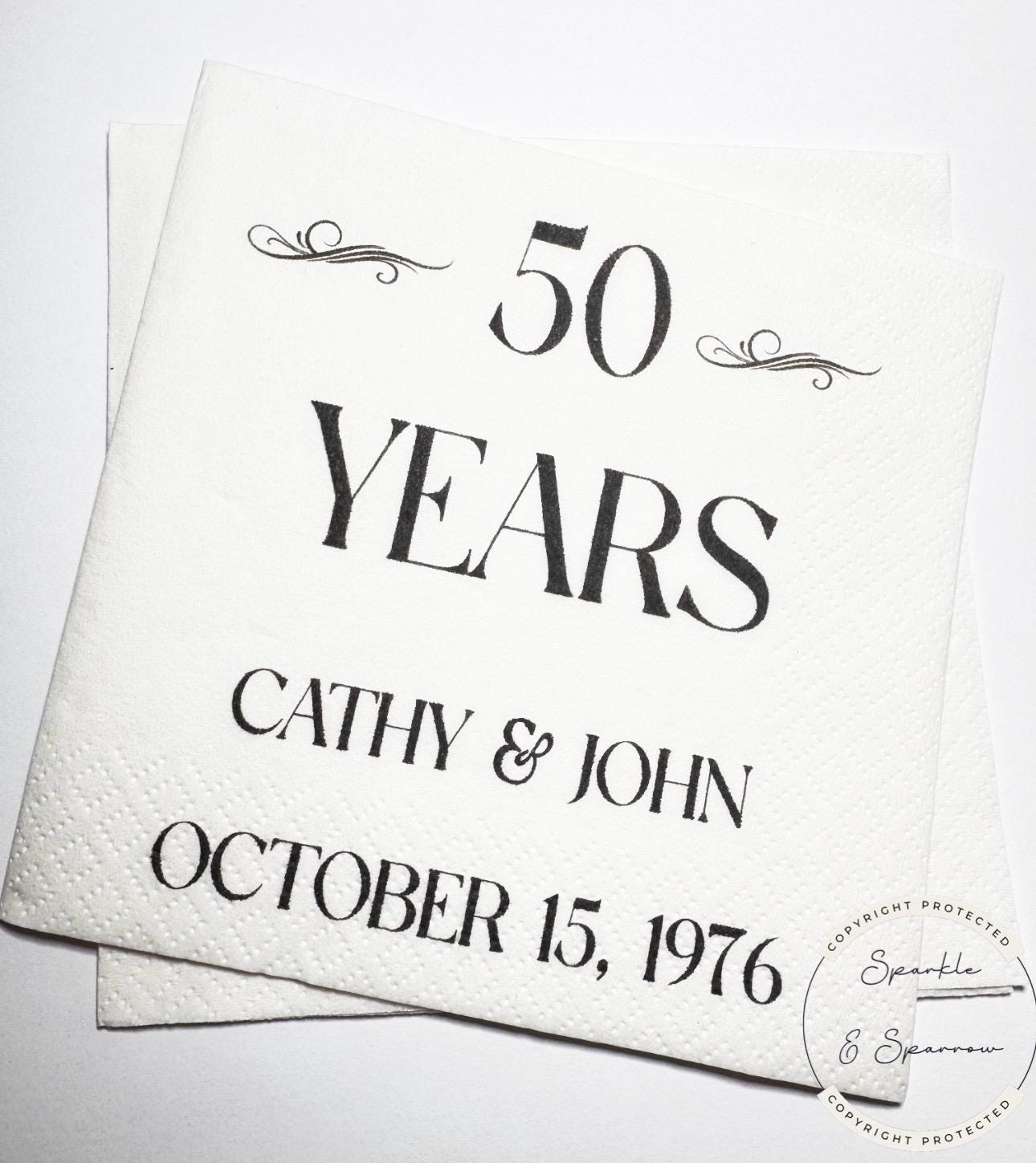50th Anniversary Cheers to 50 Years Wedding 40th 60th Anniversary Party Personalized Party Cocktail, Luncheon or Dinner Napkins Set of 25